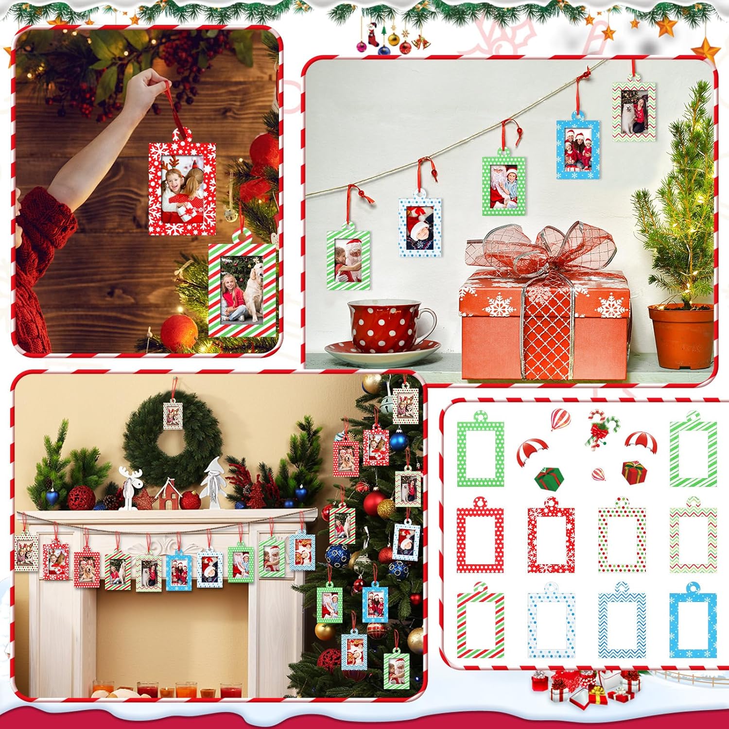 40 marcos de fotos de Navidad de fieltro para colgar en el árbol con cintas, juego de marcos de fotos para árbol de Navidad (rectangular)