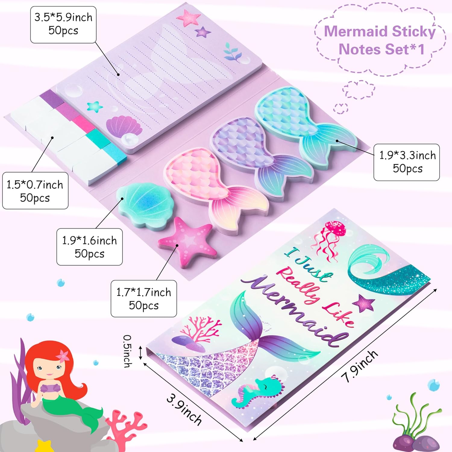 B1ykin I Just Really Like Mermaids – Juego de notas adhesivas, 550 hojas de notas autoadhesivas de sirena, pestañas autoadhesivas de separación de