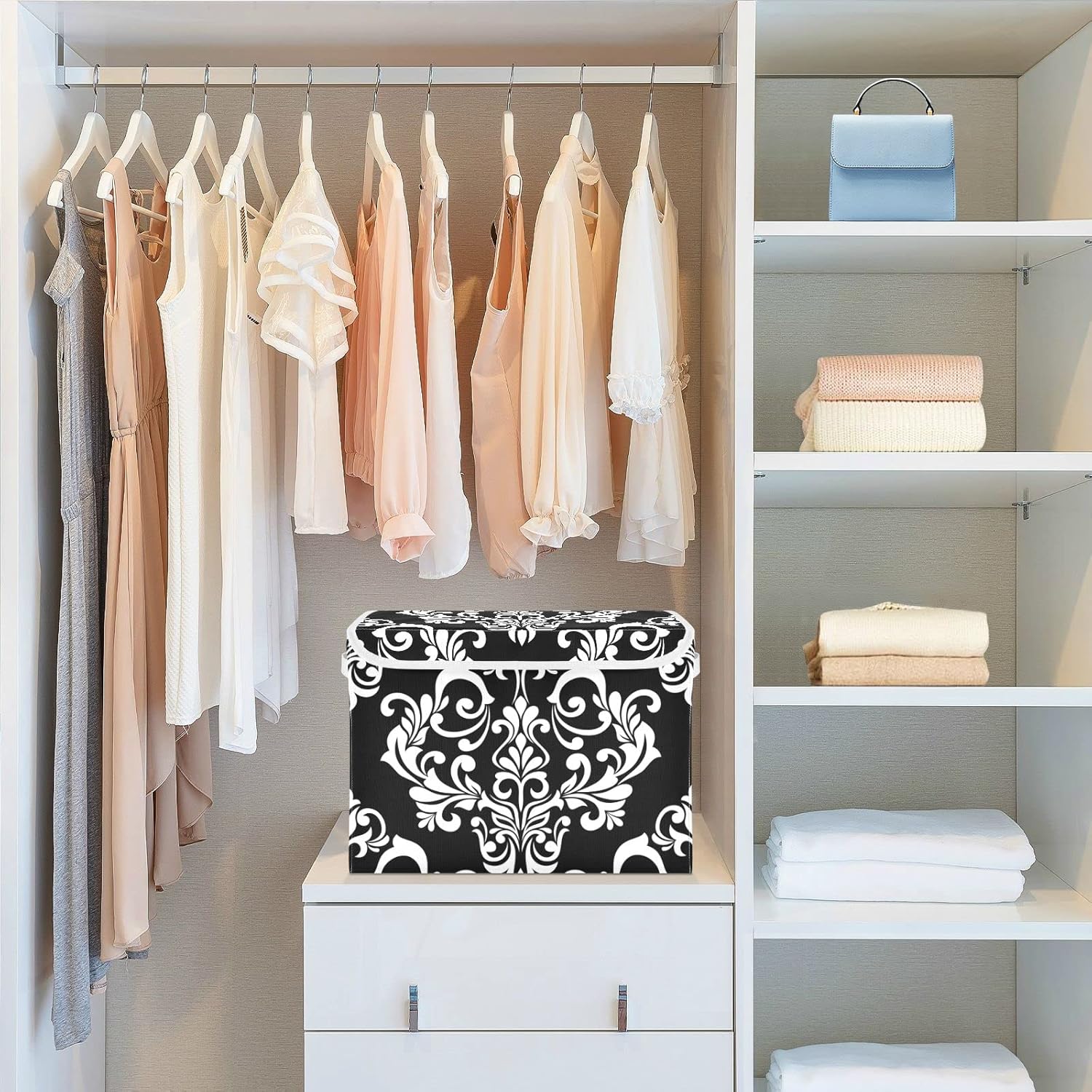 Cesta de almacenamiento con diseño floral barroco de damasco negro con tapas y asa, cubo de almacenamiento grande plegable para estantes, armario,