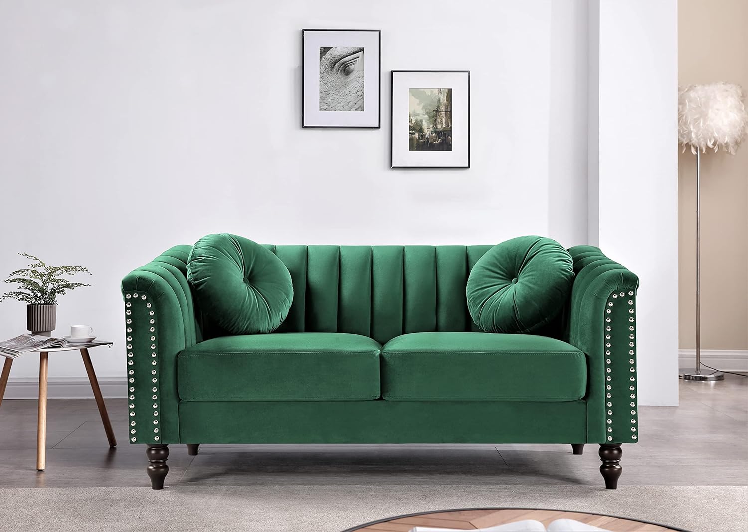 US Pride Furniture Sofá de terciopelo moderno Mid-Century inspirado en Chesterfield, juego de 2 piezas para sala de estar con cojines extraíbles y
