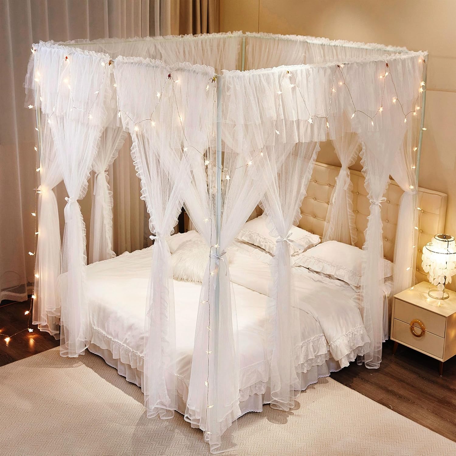 AIOOO Cortinas de princesa de 4 esquinas para niñas, 8 paneles, cortinas de malla transparente de doble capa, decoración de habitación de niñas