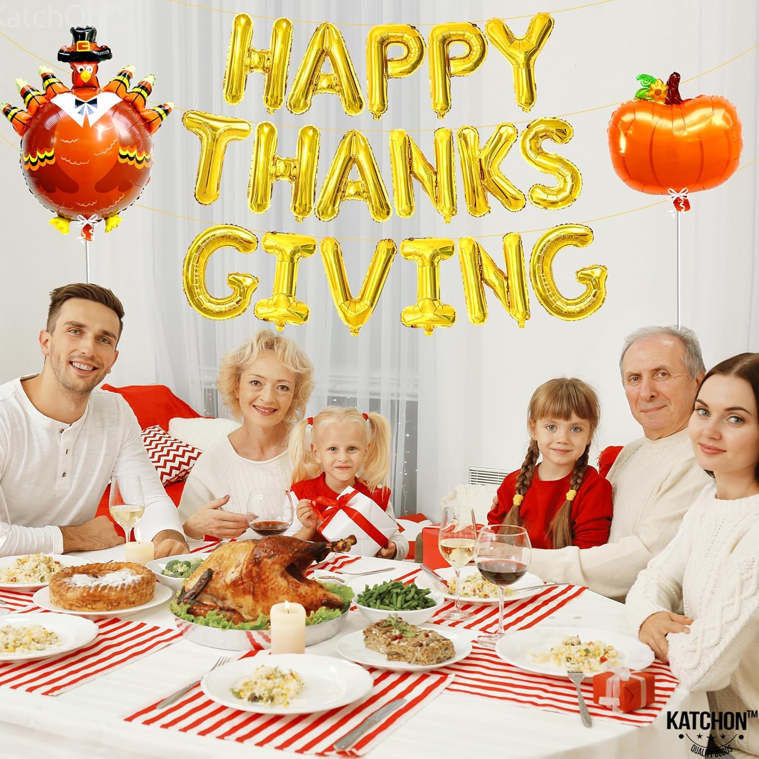 KatchOn, Juego de pancartas de globos con texto en inglés Happy Thanksgiving, tamaño grande de 16 pulgadas, paquete de 3, globos de pavo y calabaza,