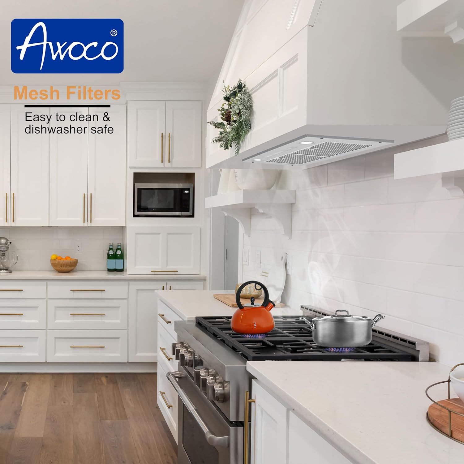 Awoco Campana extractora de acero inoxidable súper silenciosa de 14-12 pulgadas de profundidad, 4 velocidades, 800 CFM, luces LED, filtros de malla