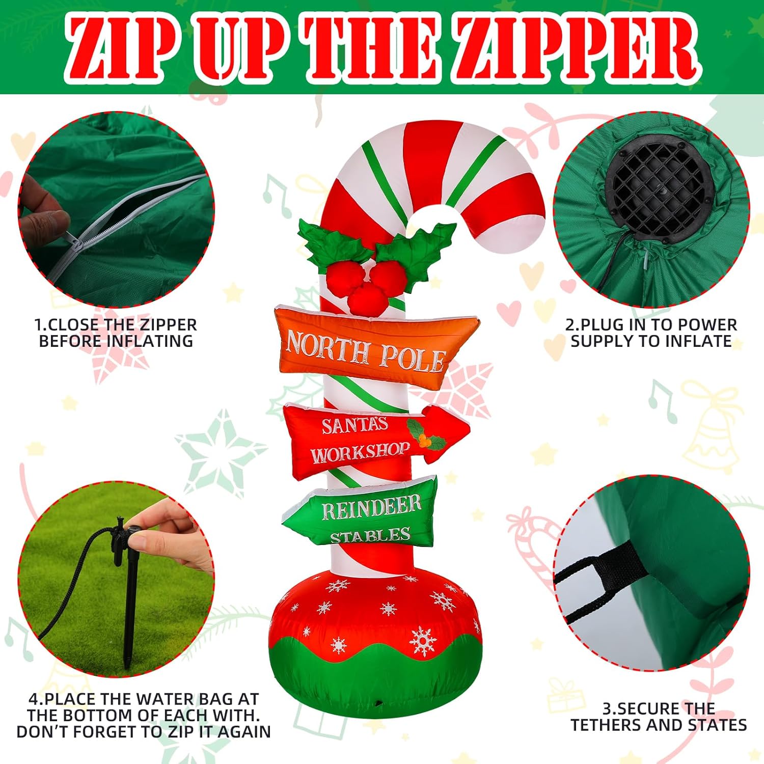 2 piezas inflables de bastón de caramelo de 6 pies para decoración de Navidad, letreros apilables de bastón de caramelo de Navidad, letreros