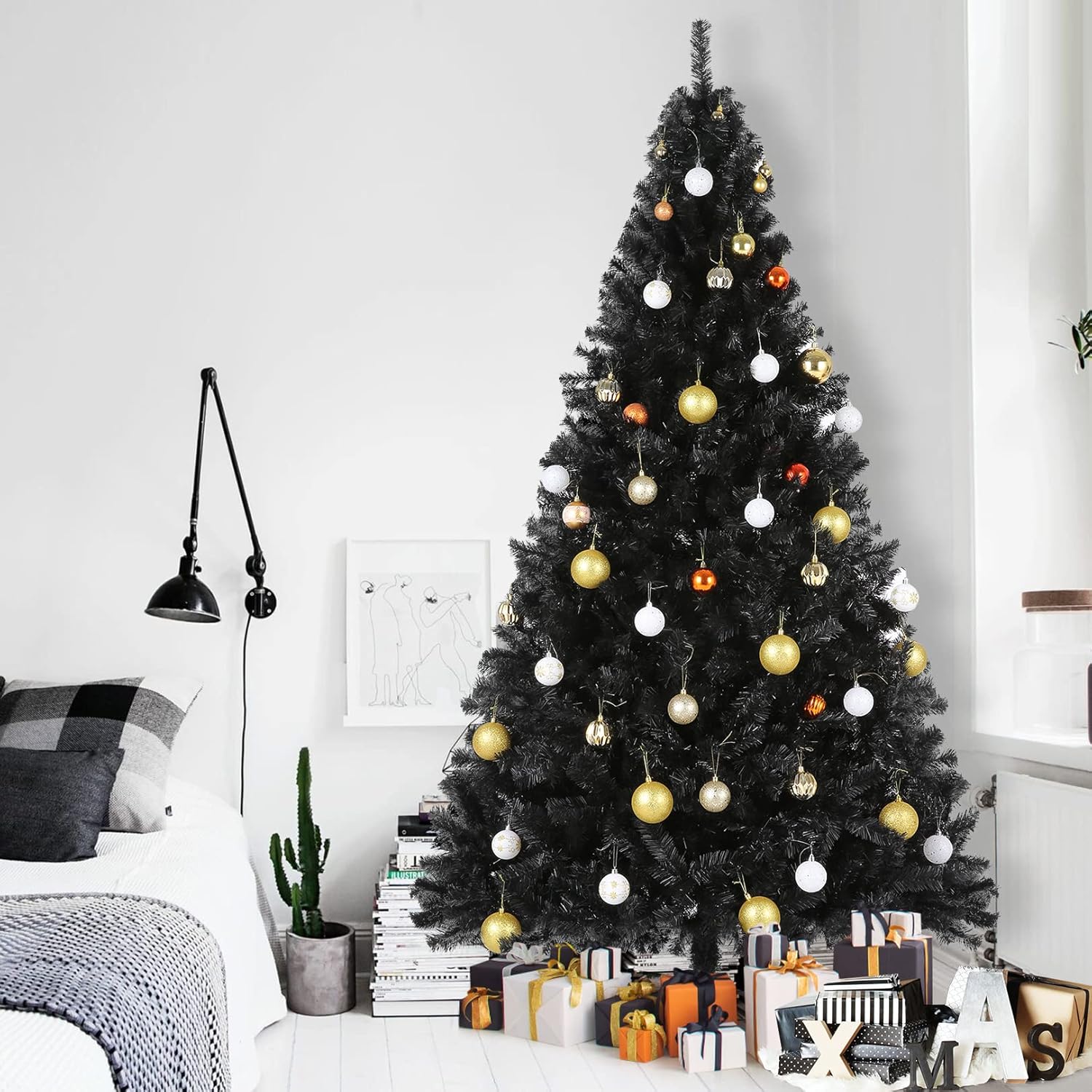 Árbol de Halloween artificial negro de 7.5 pies, sin luz, árbol de Navidad de abeto con bisagras de alta calidad con 1346 puntas de ramas y soporte