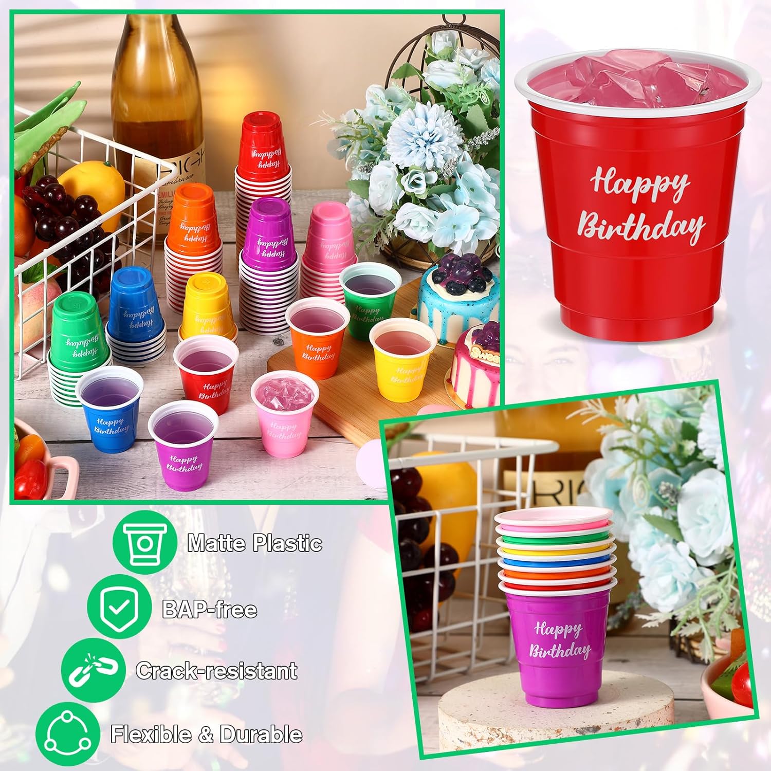 Suttmin 100 vasos de chupito de plástico de 2 onzas, vasos de chupito desechables multicolor, mini vasos para celebrar cumpleaños, tazas de alegría