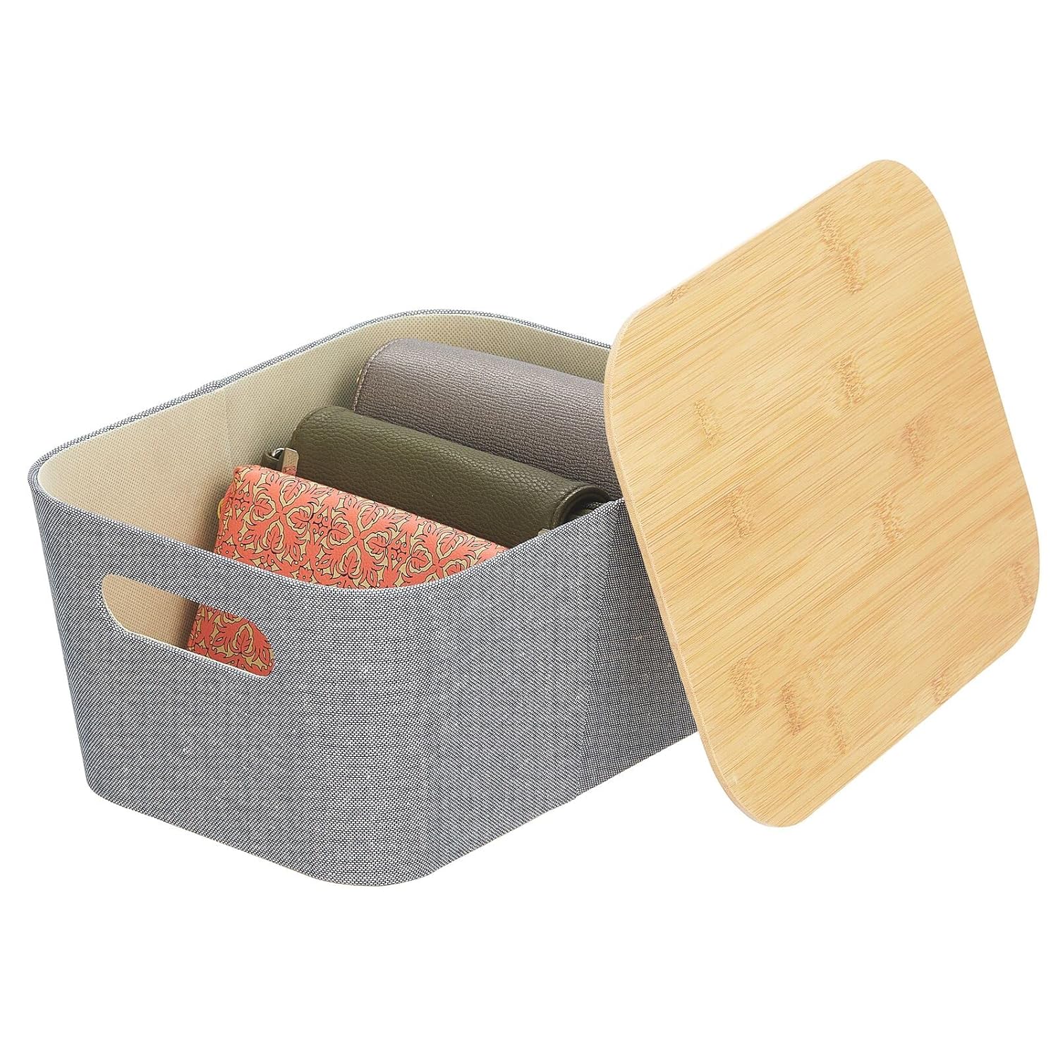 mDesign Cesta moderna cubierta de tela con tapa, caja de almacenamiento decorativa apilable con cubierta de bambú para armario, sala de estar,