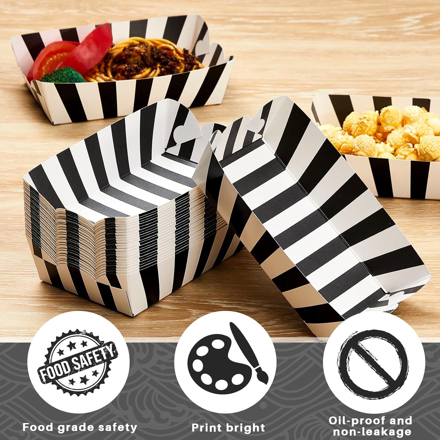 100 bandejas de papel a rayas para alimentos, botes de papel para alimentos, botes de papel para perros calientes, bandejas desechables para nachos,