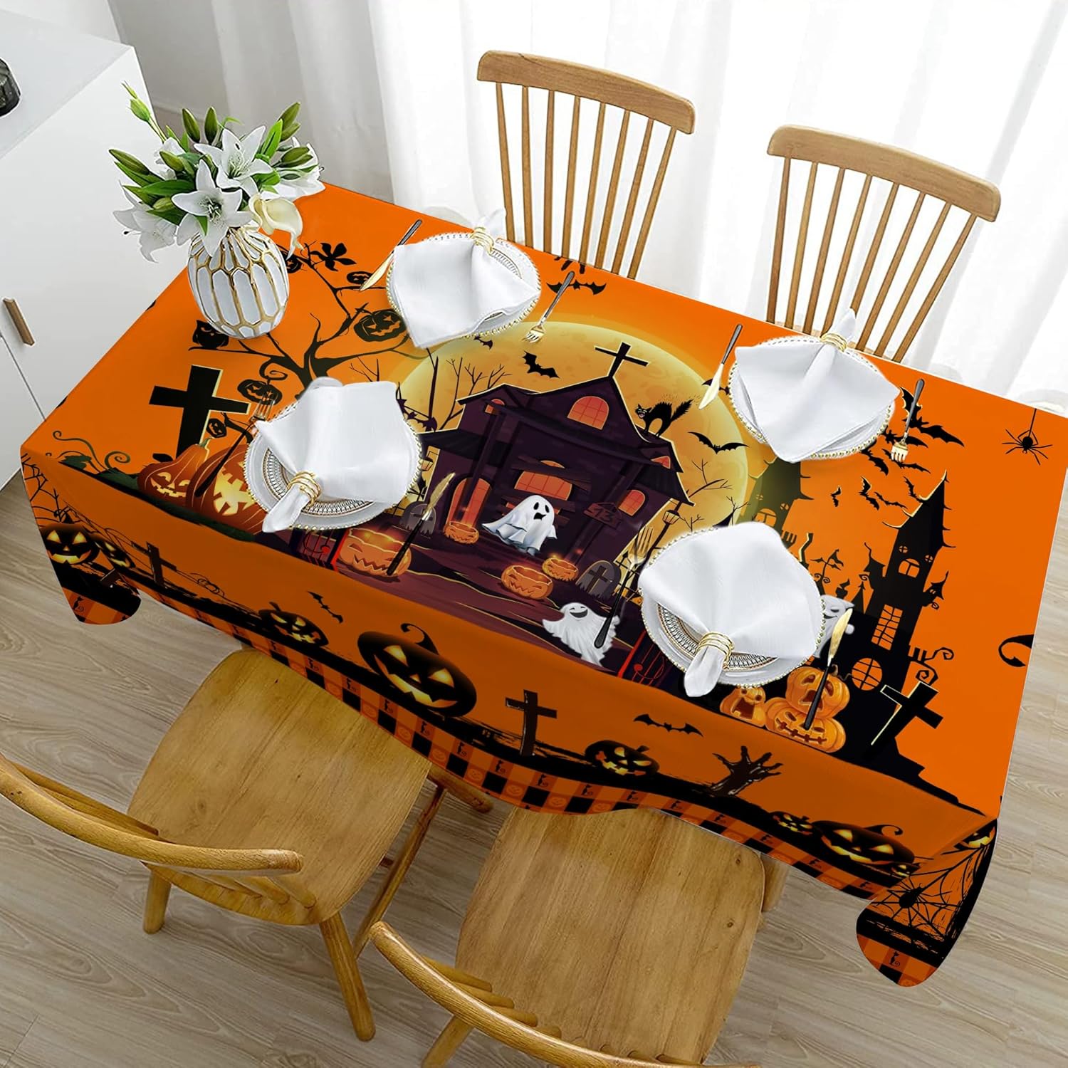 Hexagram Mantel de Halloween, mantel de Halloween para mesas rectangulares de 54 x 108 pulgadas, castillo de Halloween, fantasma, lavable,