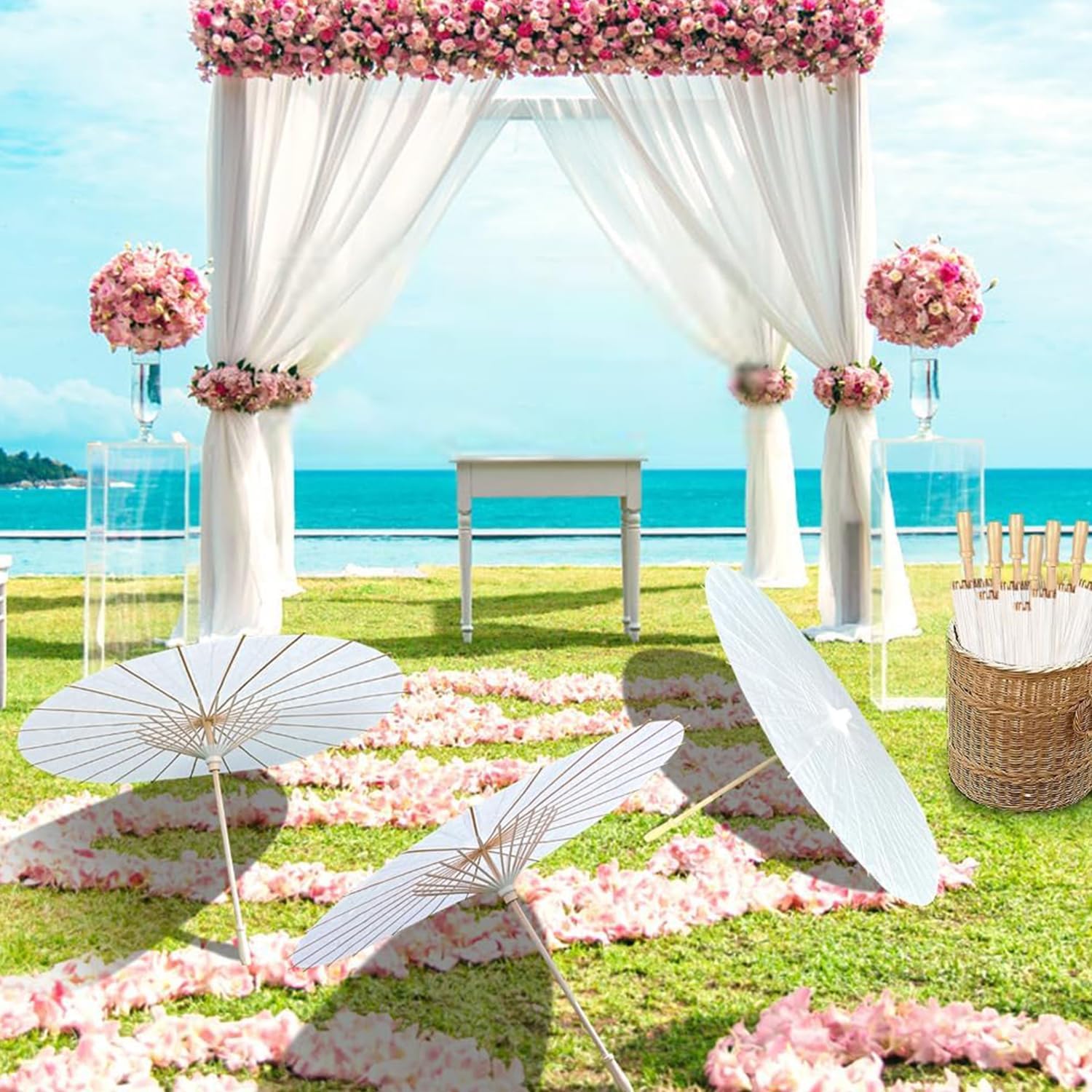 Haundry Paraguas de papel de 33 pulgadas, paraguas decorativo de papel blanco para bodas, pintura de papel aceitado para manualidades, decoración de