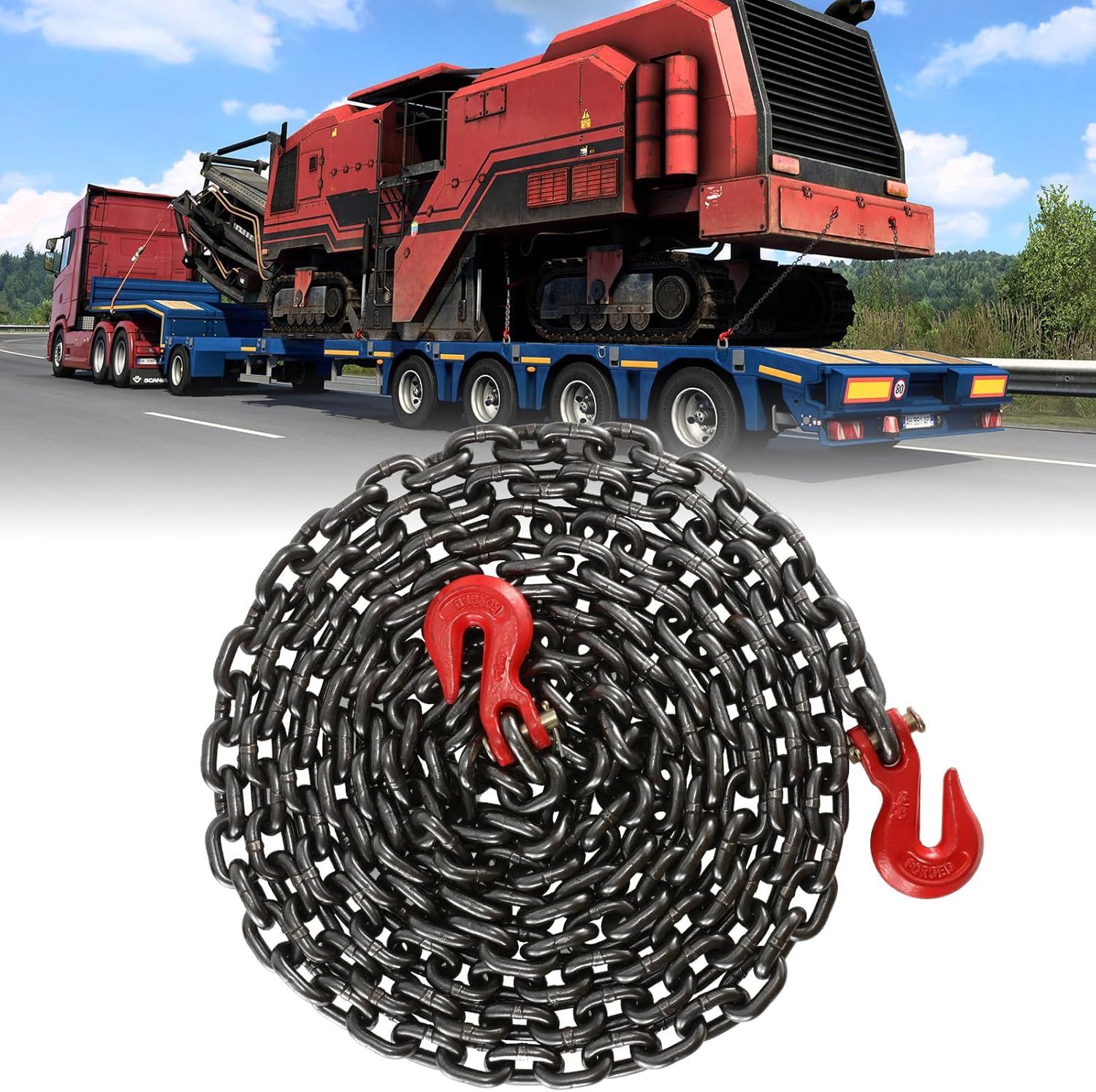 Cadenas de troncos G80 con ganchos de 38 y 20 pies, cadenas de transporte con ganchos de agarre de horquilla resistentes para carga de trabajo