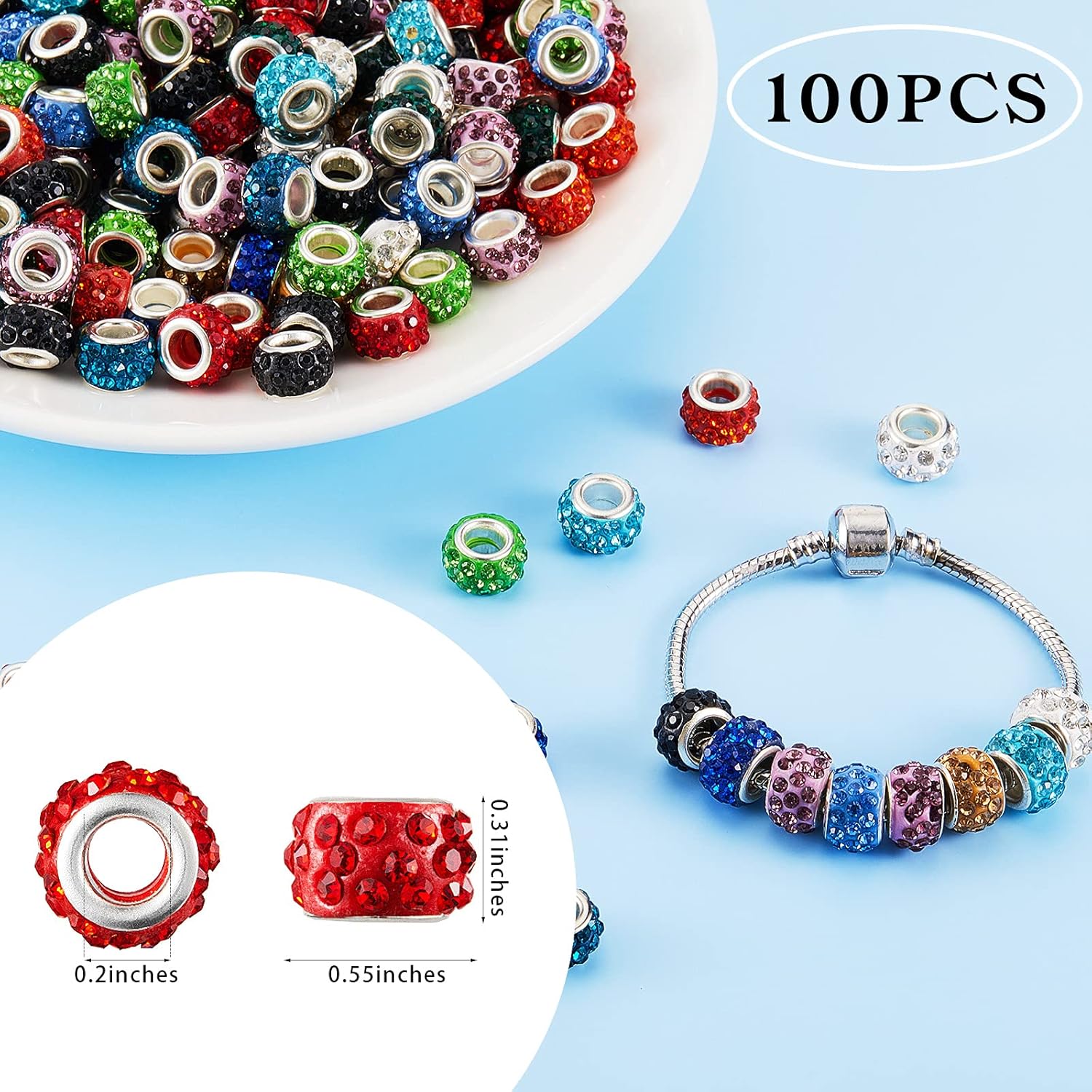 Kenning 200 cuentas europeas de diamantes de imitación con agujero grande, cuentas espaciadoras Rondelle para collares, aretes, pulseras,