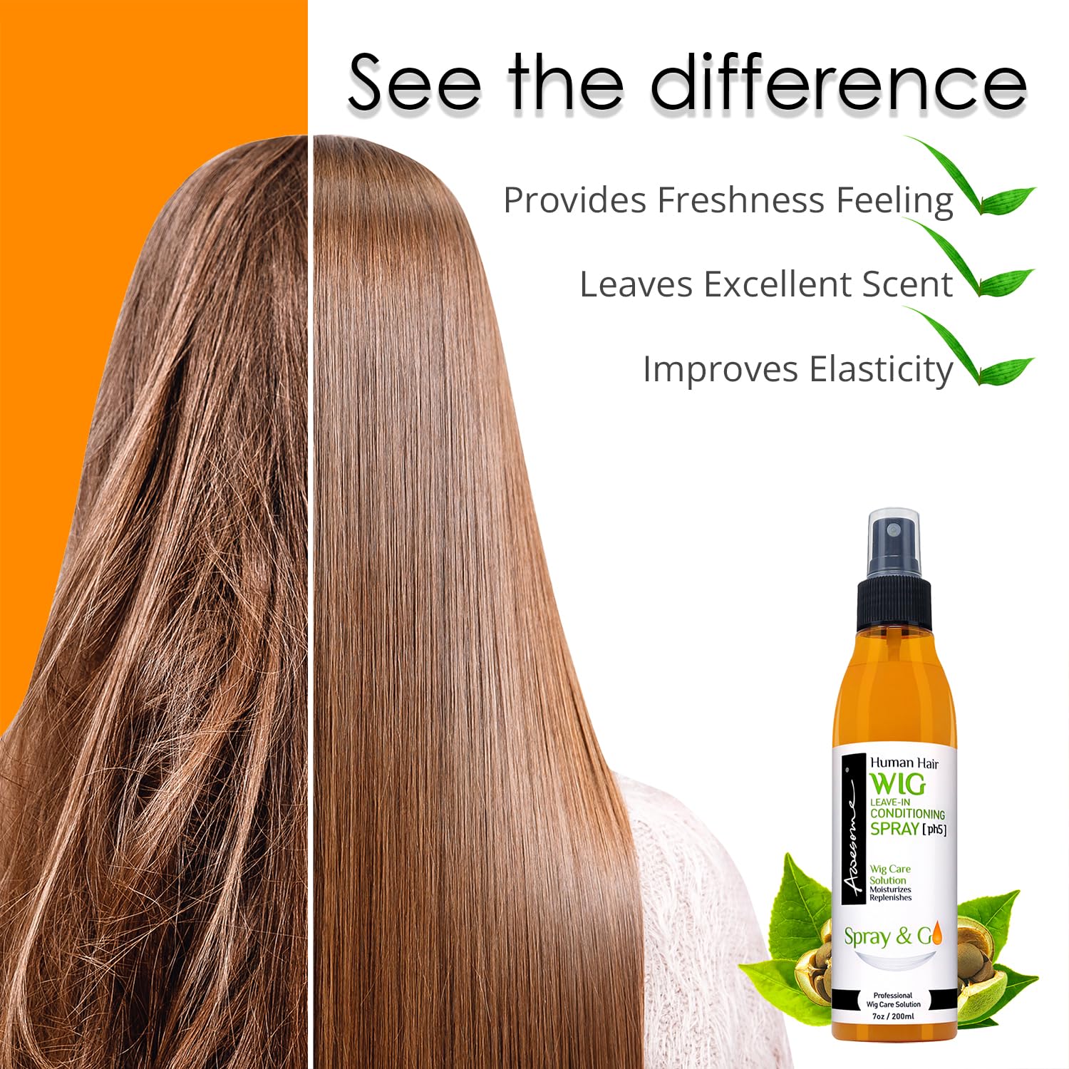 Awesome Peluca de cabello humano sin enjuague en spray acondicionador, pH 5, brillo y frescura. Fácil de peinar y desenredar el cabello para el
