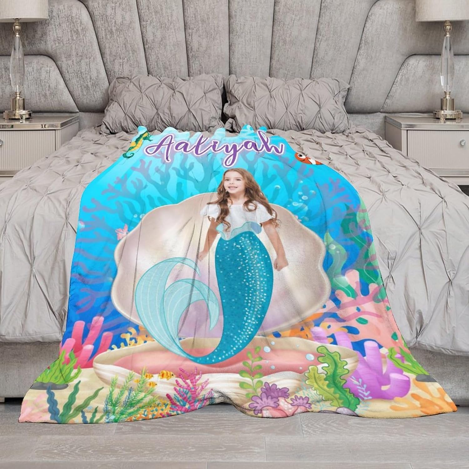 Artsadd Manta personalizada con nombre para niños, manta de foto personalizada, regalos de sirena para niñas, manta personalizada de sirena para