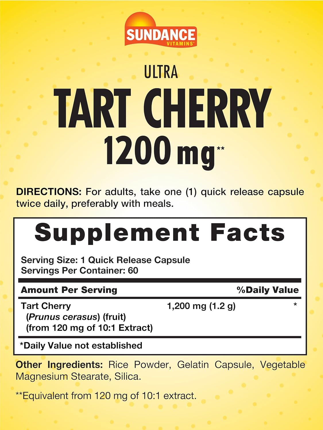Sundance Cápsulas Tart Cherry de 1200 mg  60 unidades  Suplemento de hierbas tradicional  Fórmula sin OMG y sin gluten