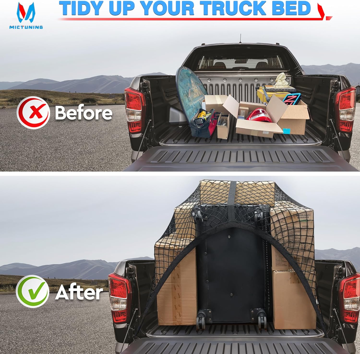 MICTUNING Red de carga para caja de camión, red de carga altamente elástica de 4 x 4 pies, organizador de malla elástica de hasta 7 x 7 pies para
