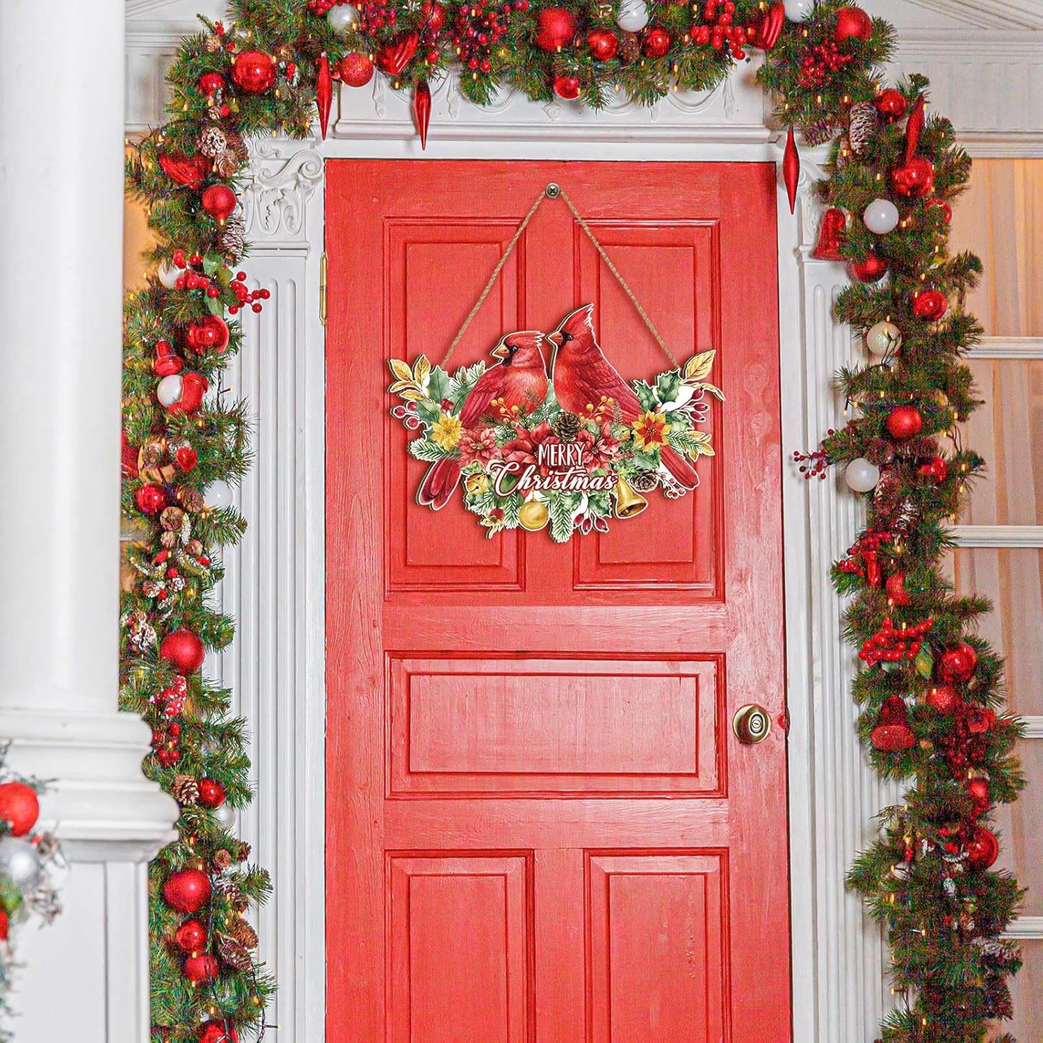 Bencailor Decoración de puerta de Navidad, diseño de pájaros cardenales, letrero de bienvenida de madera para puerta delantera, letrero colgante de