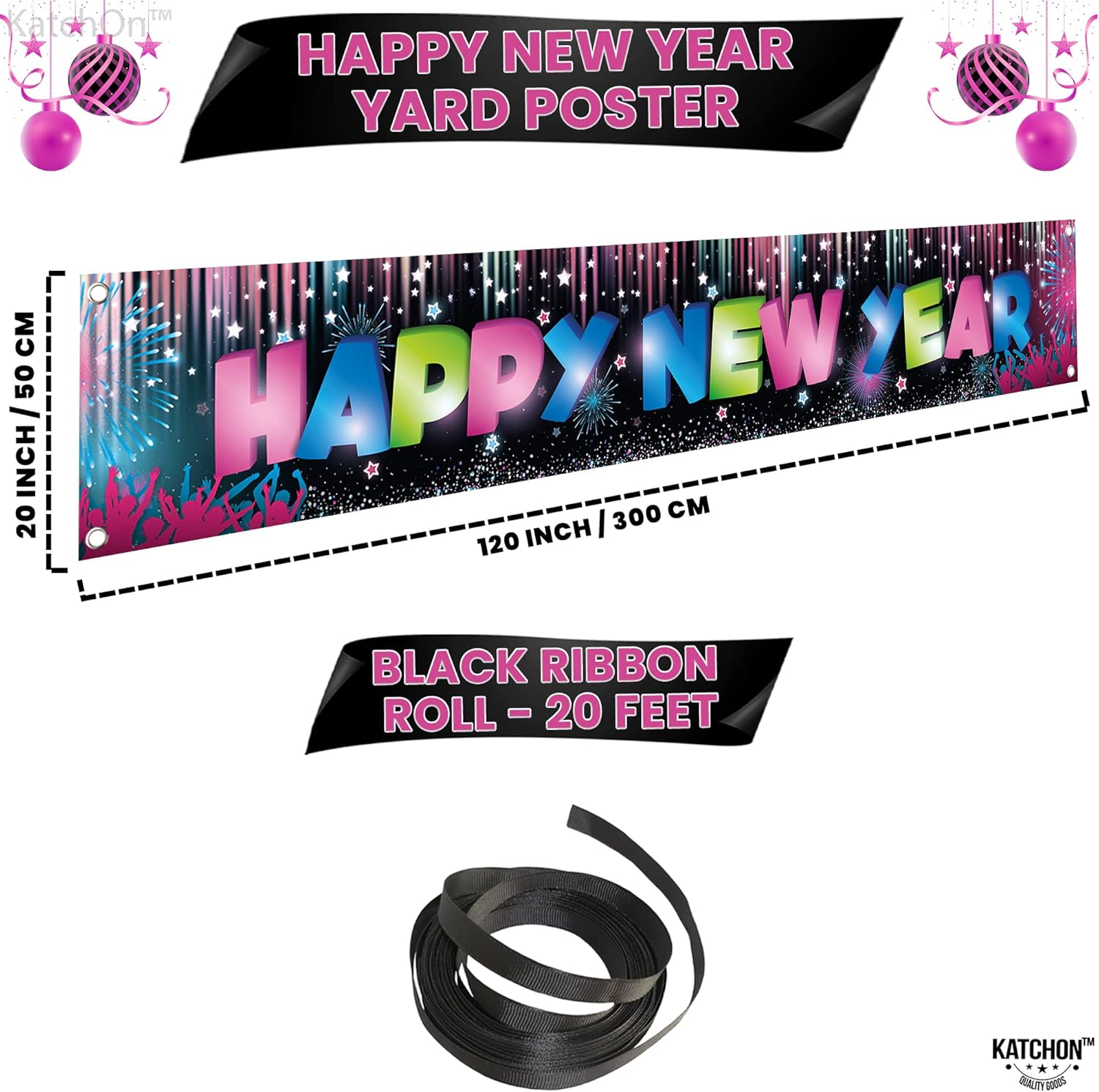 KatchOn, Cartel grande de feliz año nuevo  120 x 20 pulgadas  Cartel multicolor de feliz año nuevo  Cartel de Año Nuevo, suministros de fiesta de