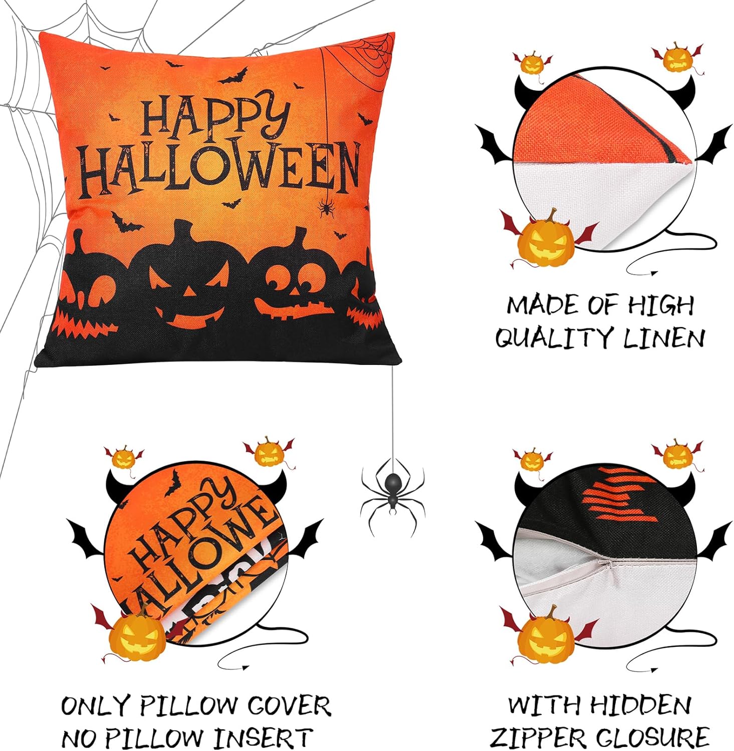 Global Park Fundas de almohada de Halloween, 18 x 18 pulgadas, juego de 4 fundas de almohada decorativas de Halloween, decoraciones de Halloween