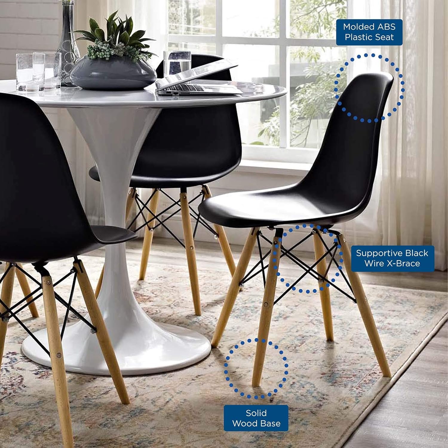 Silla de comedor Pyramid, Metal Madera Espuma Cuero, Negro