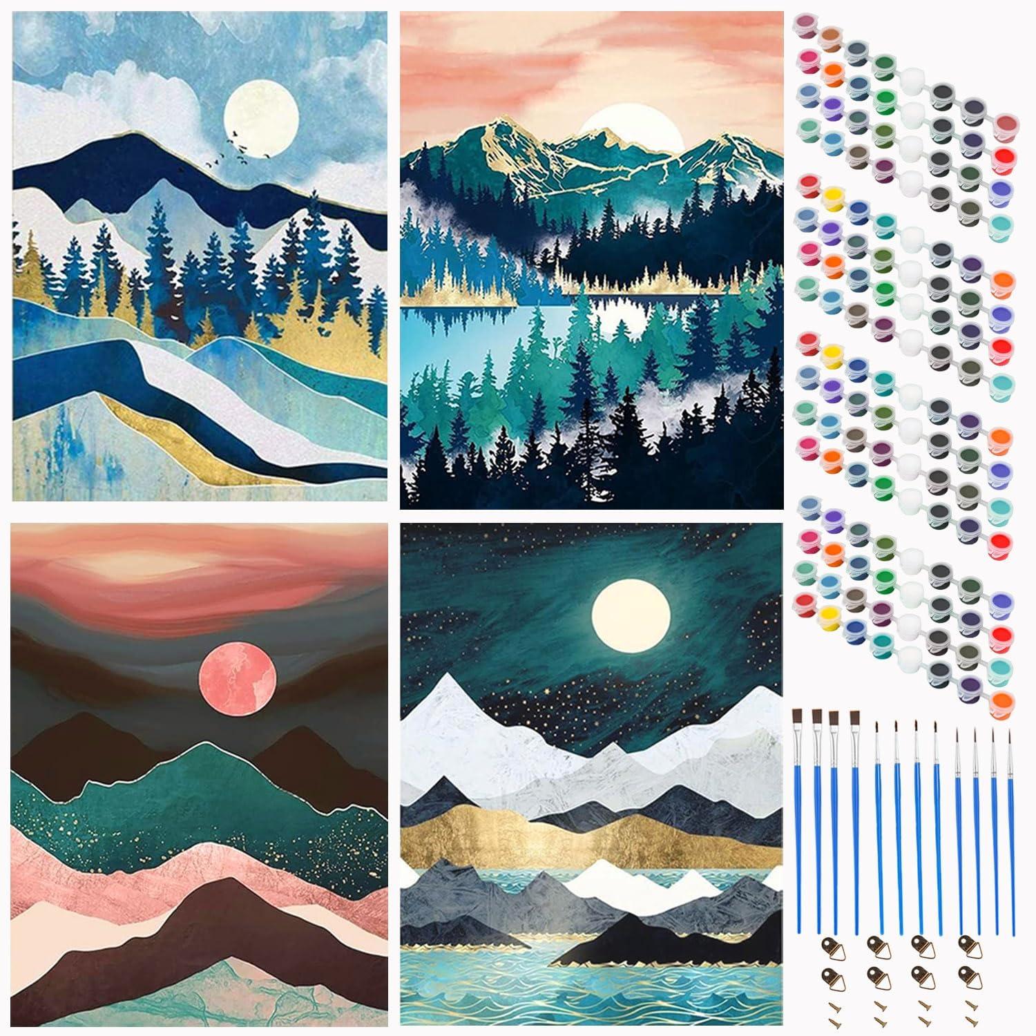 Paquete de 4 kits de pintura por números para adultos y niños, kits de pintura por números en lienzo, sin marco, pintura al óleo de color, pinturas