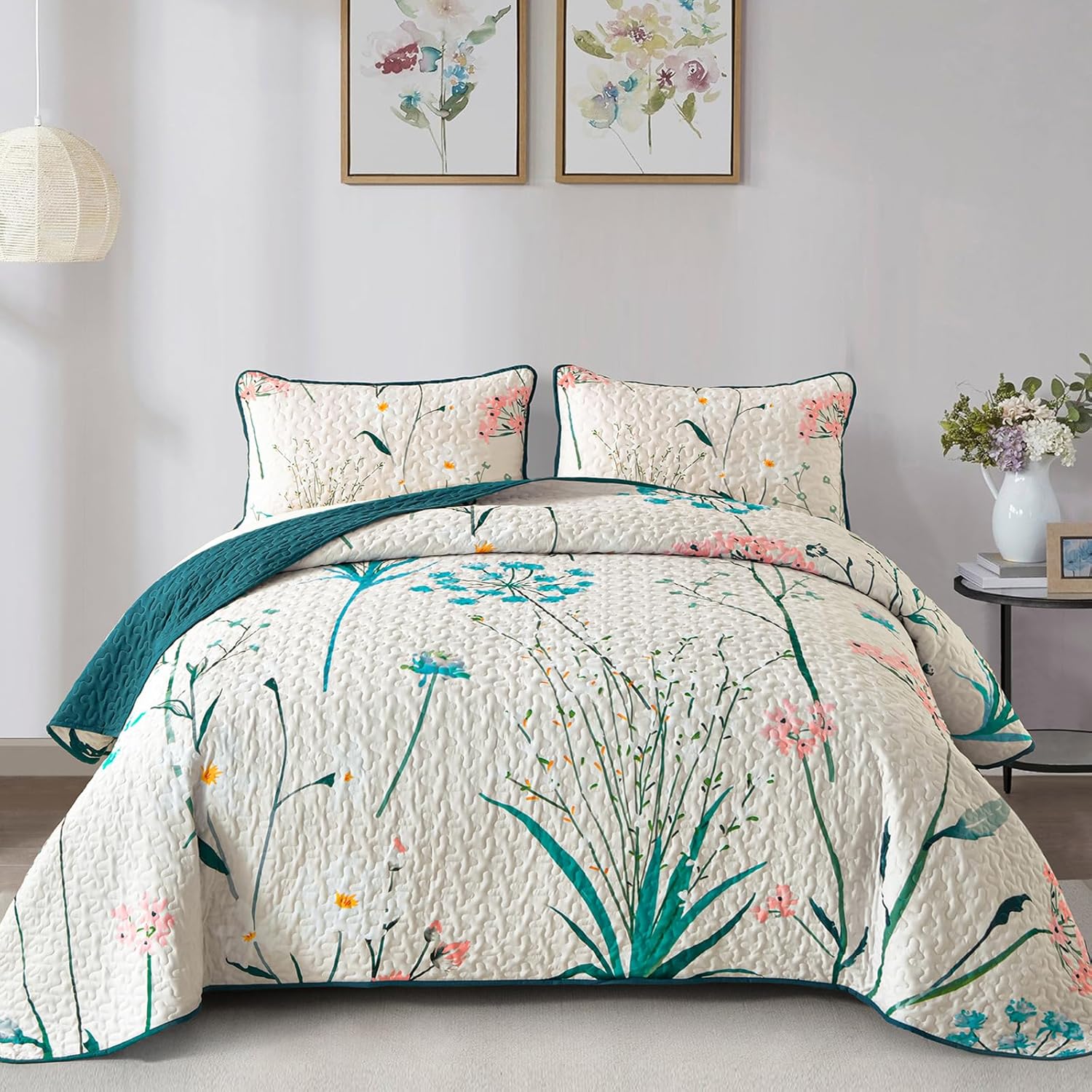 Juego de edredón floral tamaño Queen, juego de colcha botánica beige de 3 piezas de microfibra suave y ligera para todas las estaciones, 96 x 90