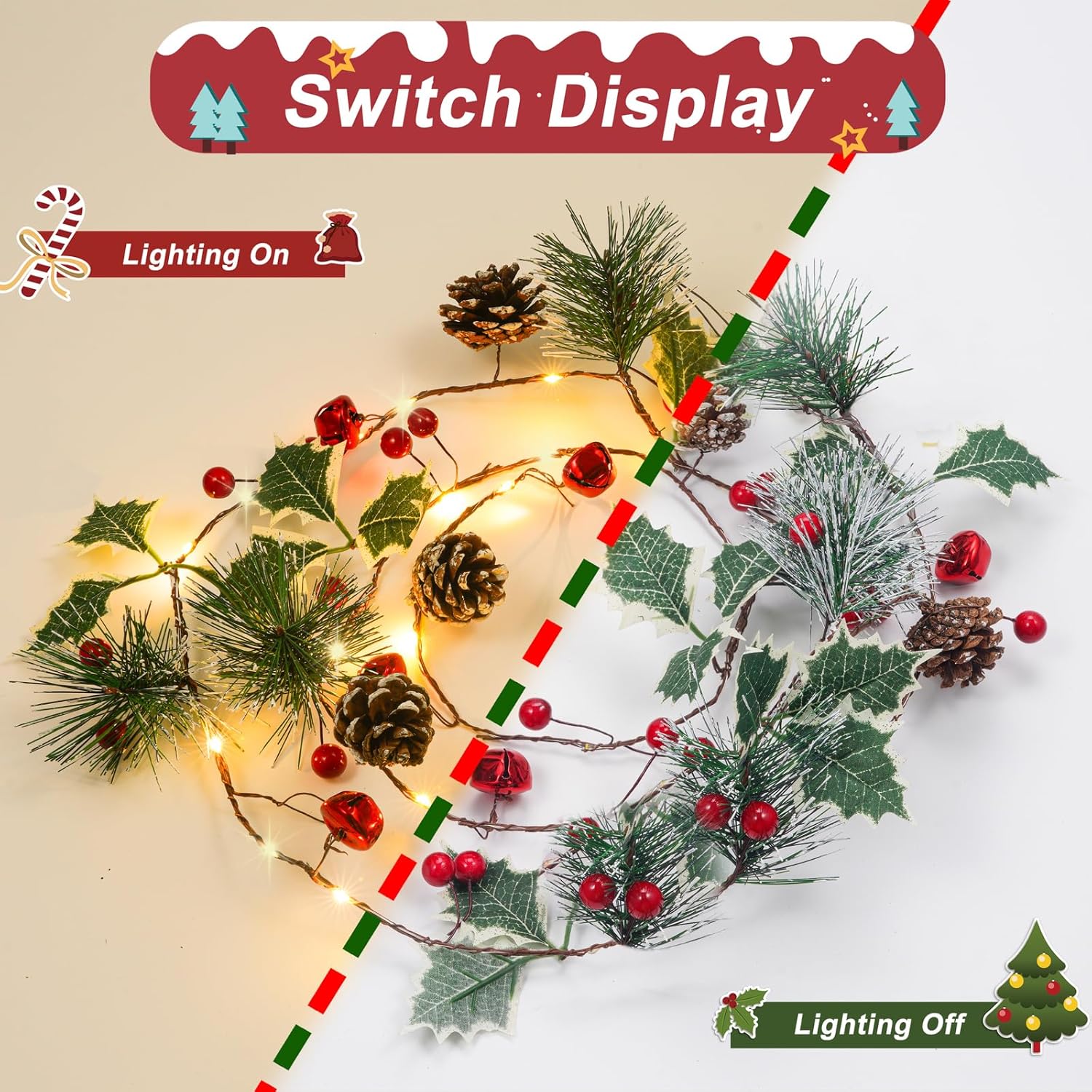Guirnalda de luces de Navidad de 6 pies con 20 luces LED de conos de pino de bayas rojas, guirnalda de luces LED para decoración del hogar de Navidad