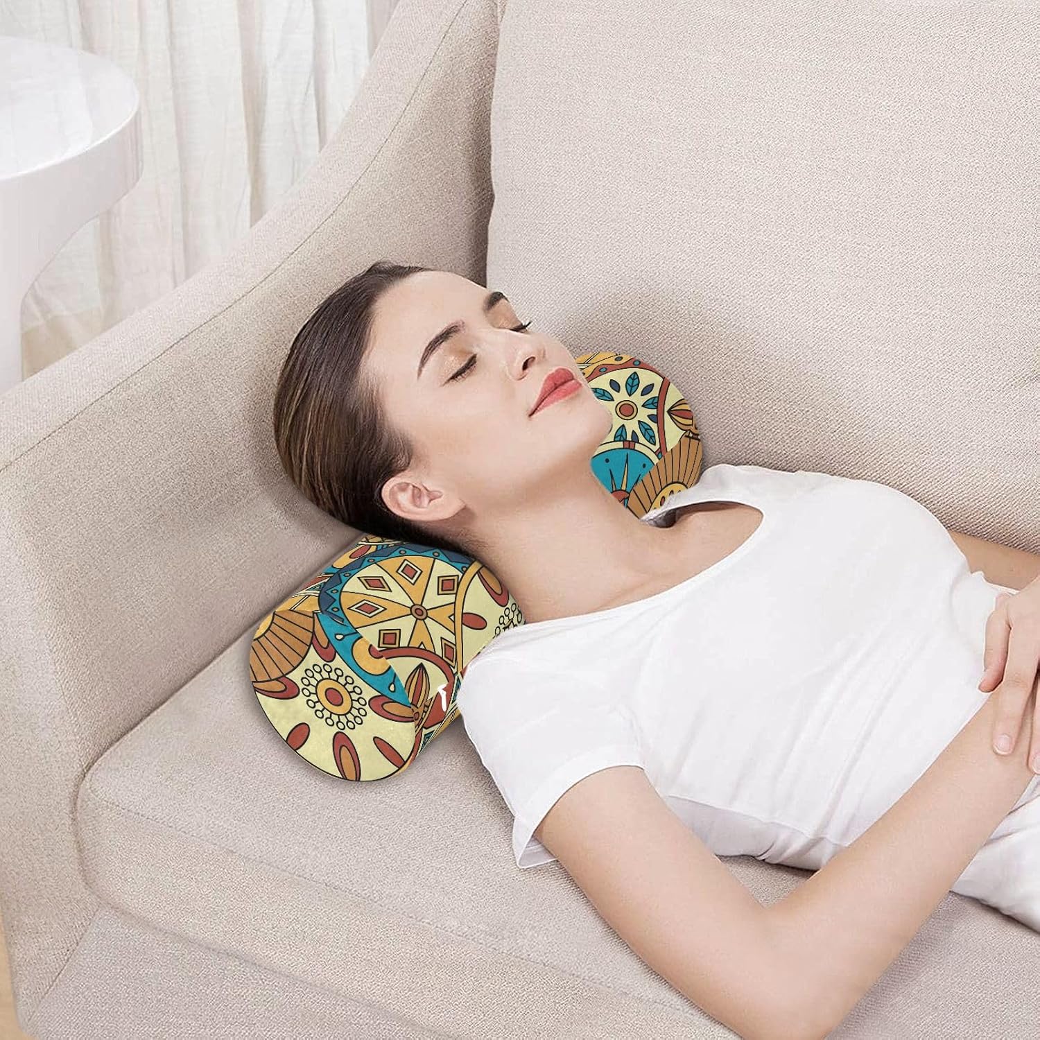 KLL Almohada redonda con diseño de flores abstractas y formas geométricas, almohada redonda para el cuello, almohada cilíndrica decorativa, fundas