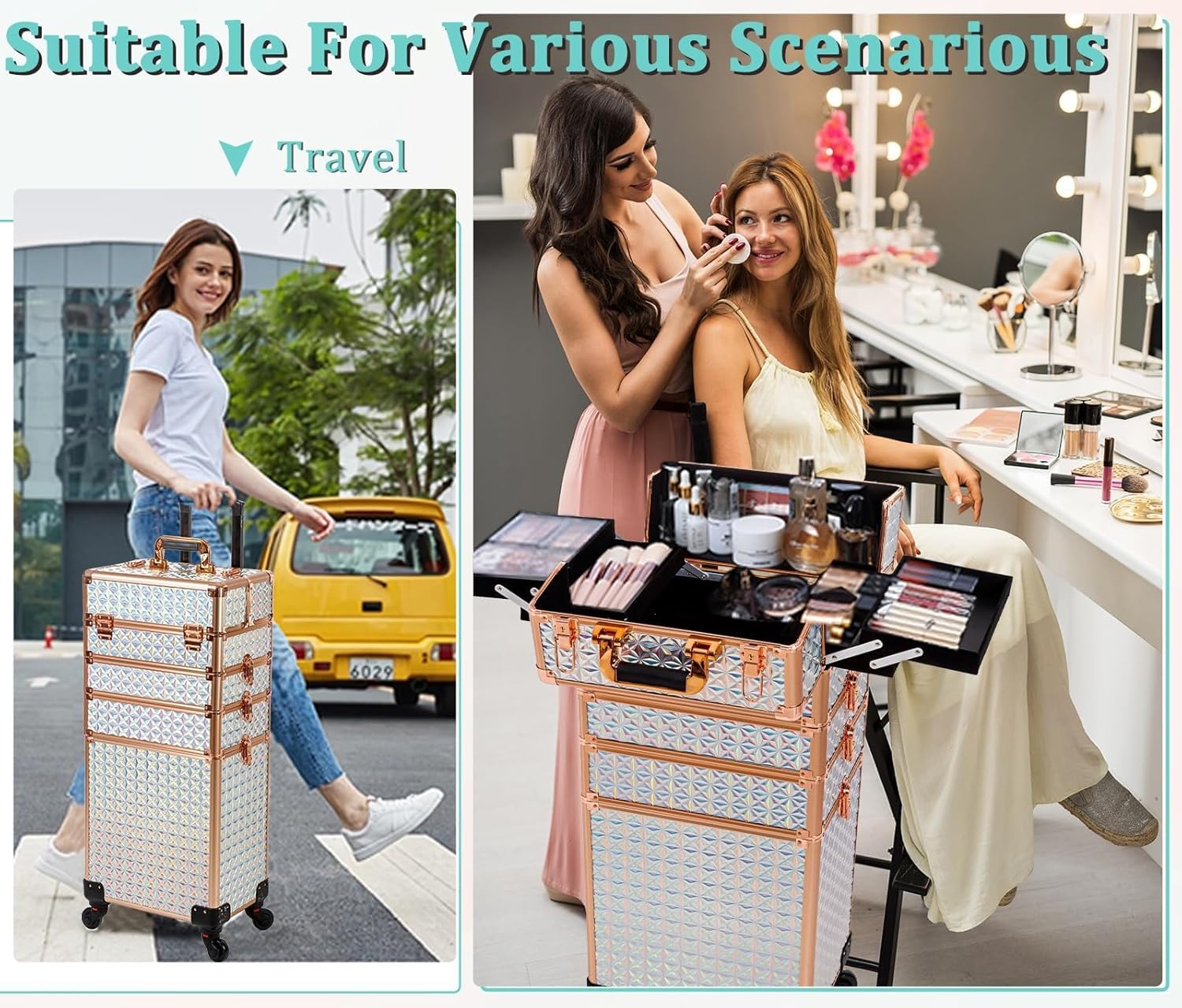 Estuche de maquillaje profesional 5 en 1, estuche de aluminio para cosméticos, estuche de maquillaje con ruedas giratorias de 360 , Blanco, Estuche