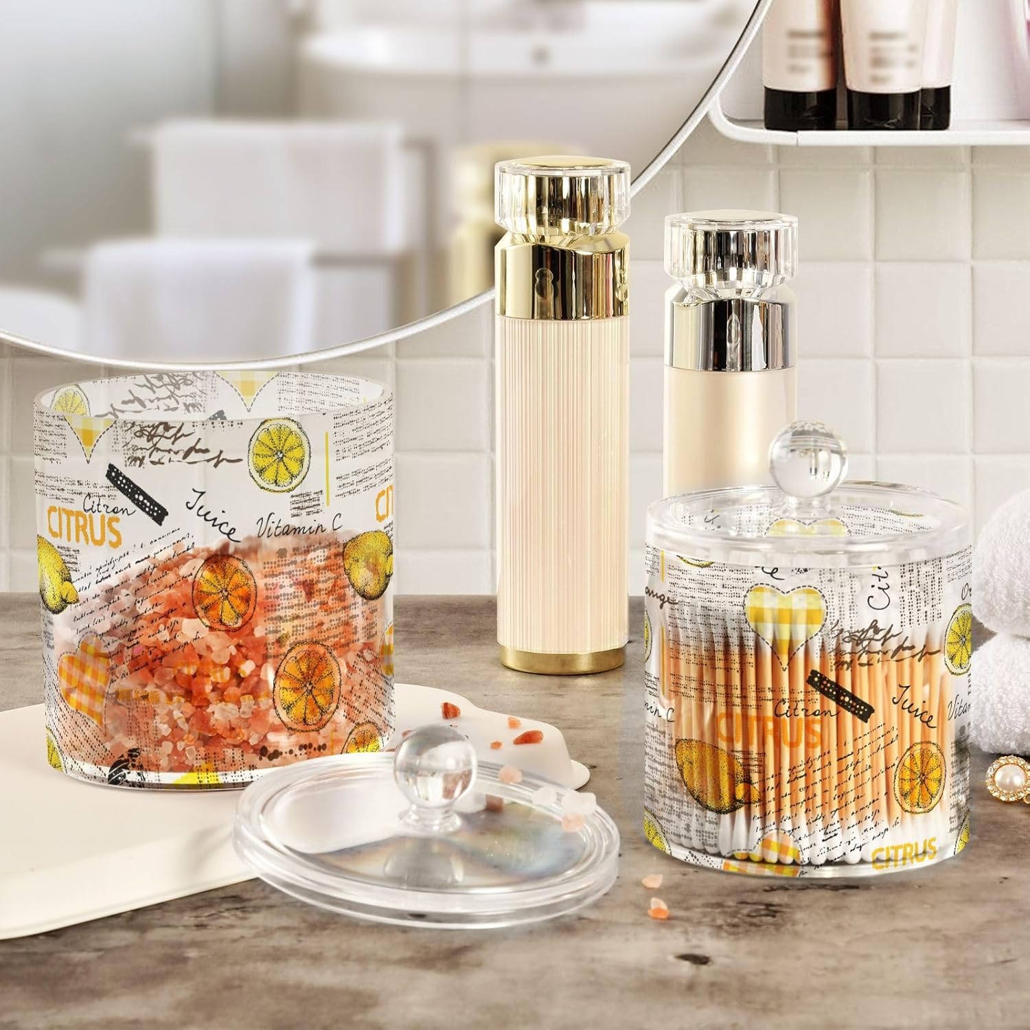 Tarros de limones con tapas, tarros decorativos de baño, recipientes para lavandería, contenedor redondo de algodón para dormitorio, artículos