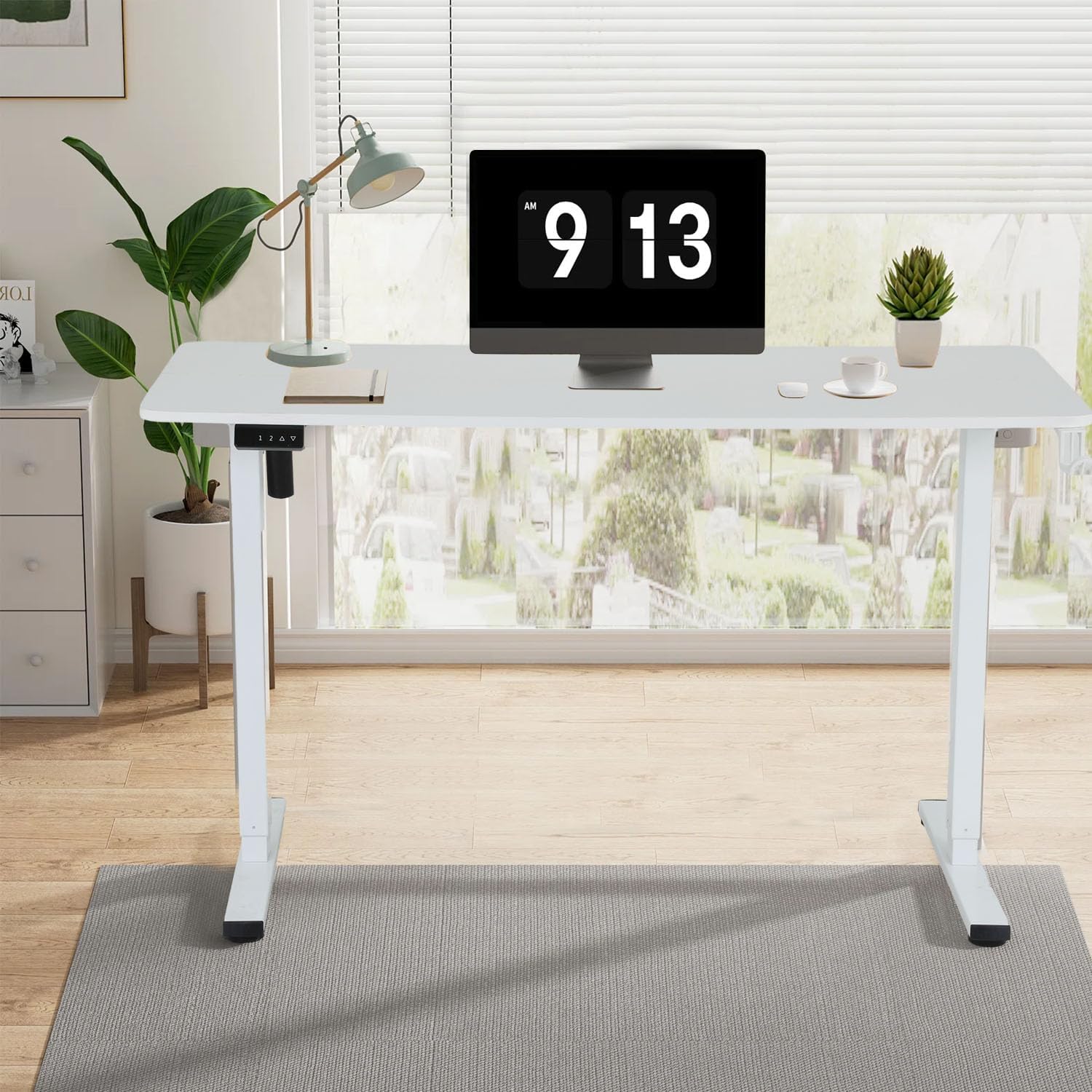 Escritorio de pie, escritorio ajustable de 55 x 28 pulgadas, altura ajustable con gran espacio y soporte para auriculares, escritorio de pie con