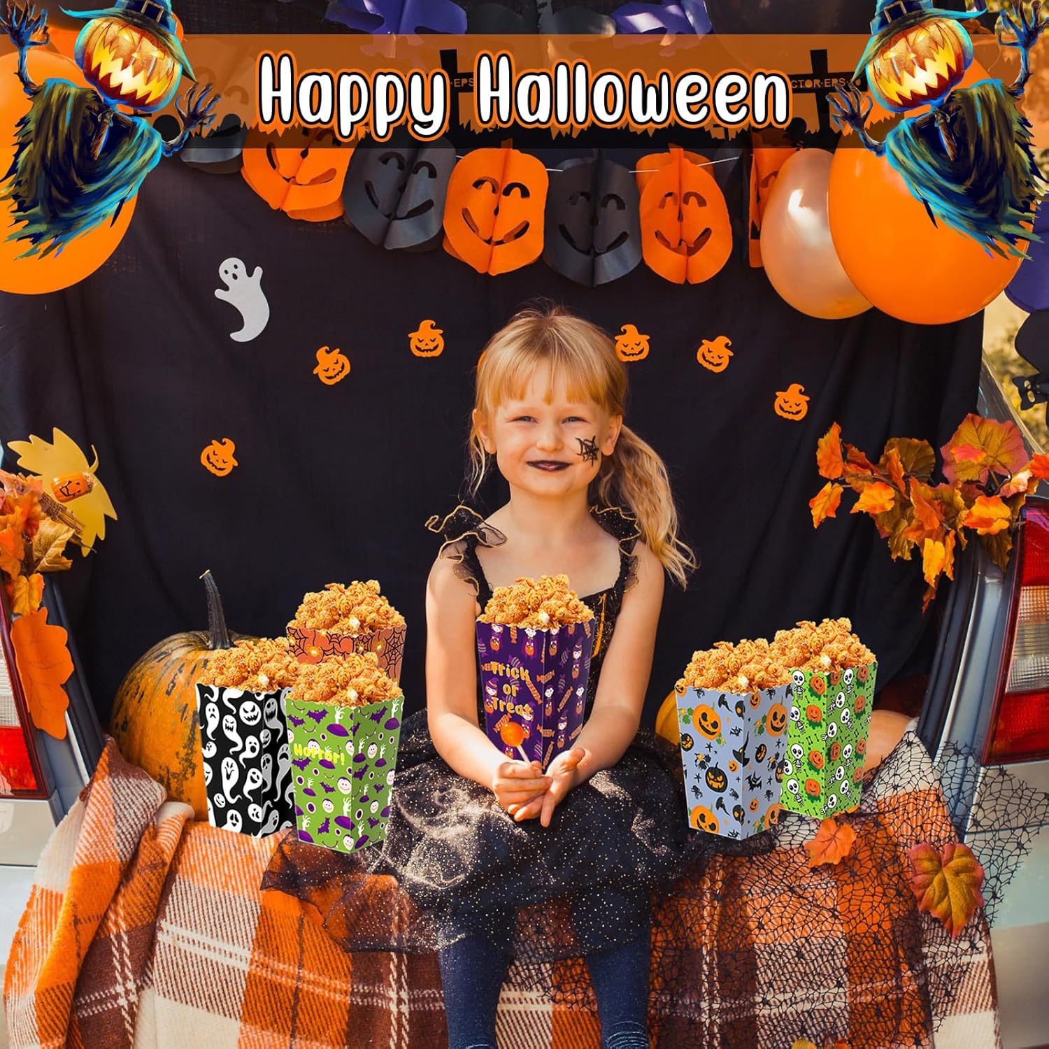 24 cajas de regalo de palomitas de maíz para fiestas temáticas de Halloween en 6 diseños, caja de golosinas para dulce o truco, contenedor de