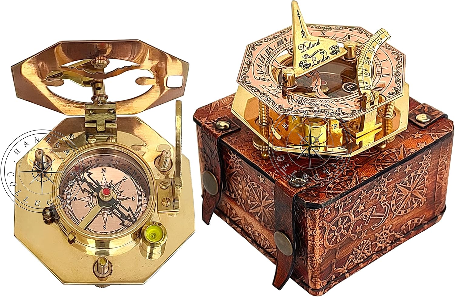 Brújula de reloj de sol de latón pulido y cobre, reloj de sol antiguo, reloj de sol en caja de cuero, regalo de réplica de barco