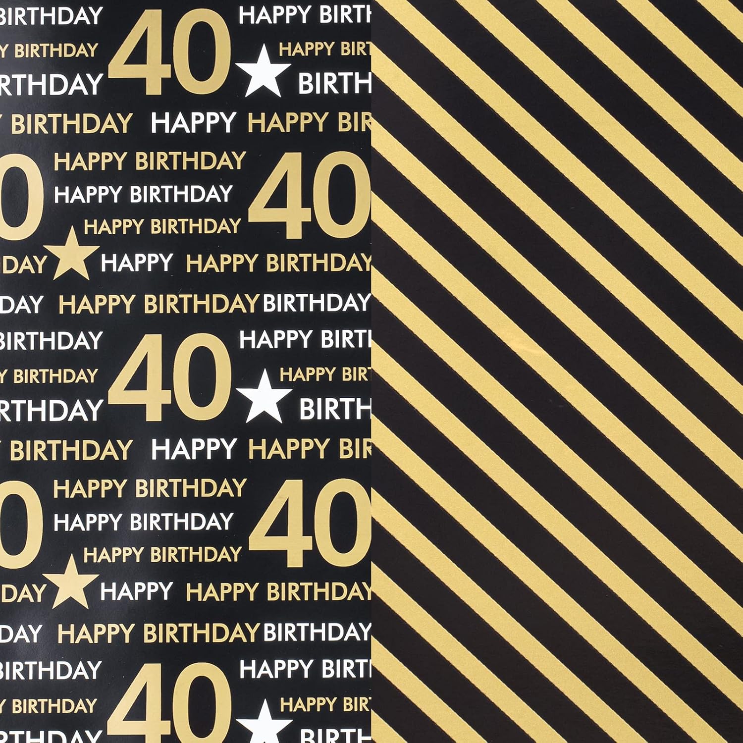 RUSPEPA Rollo de papel de regalo reversible, mini rollo, patrón negro y dorado para cumpleaños de 40 años, ideal para cumpleaños, fiestas, baby