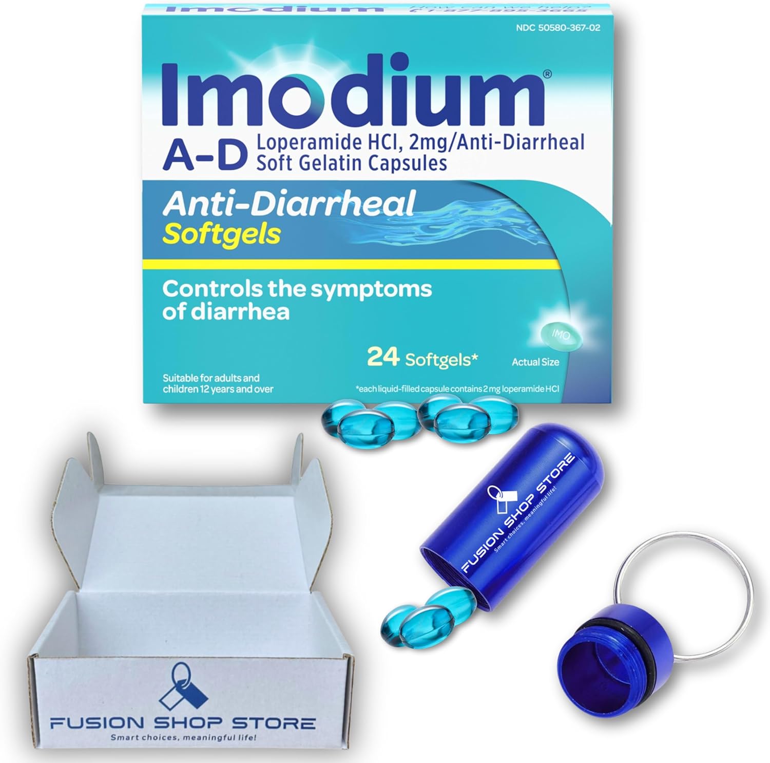 Imodium Softgels, 24 cápsulas blandas de medicina antidiarreica, 2 mg de clorhidrato de loperamida por cápsula, alivio de la diarrea, juego de