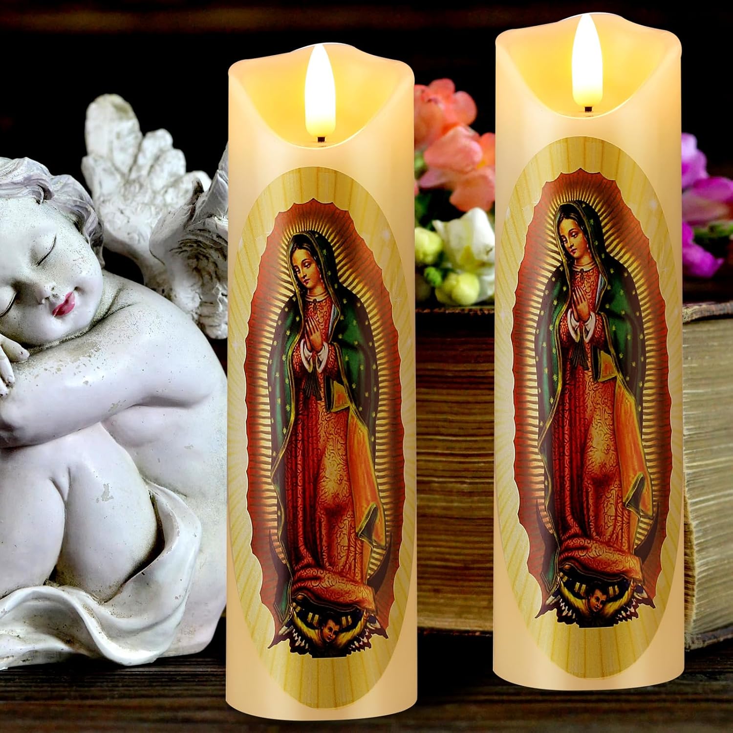 Juego de 2 velas LED de oración sin llama de Nuestra Señora de Guadalupe de cera real, velas religiosas de devoción, decoración religiosa, regalo