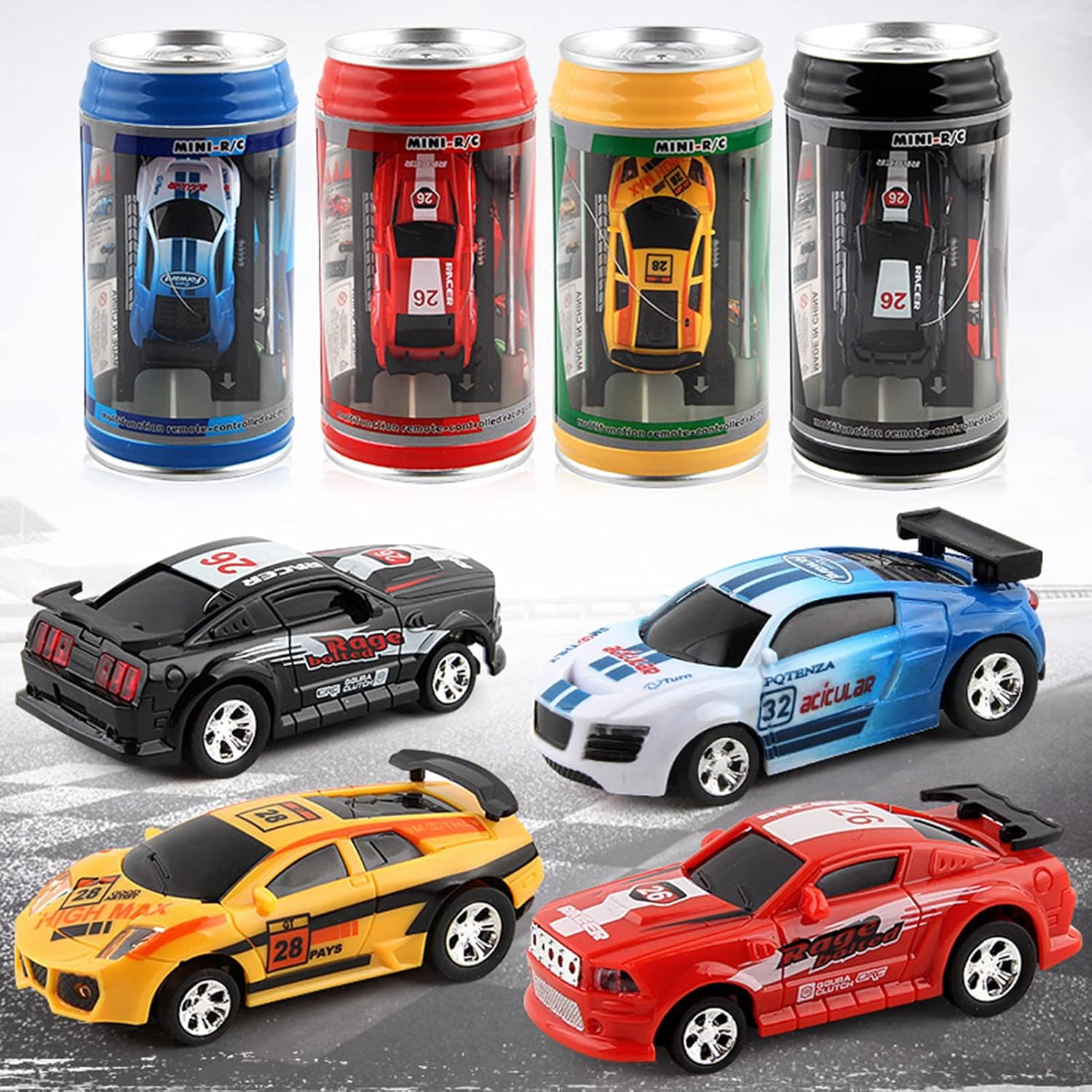 1 juego de autos a control remoto con barricadas de carreteras, mini latas de control remoto, diseño creativo de simulación de carreras de juguete