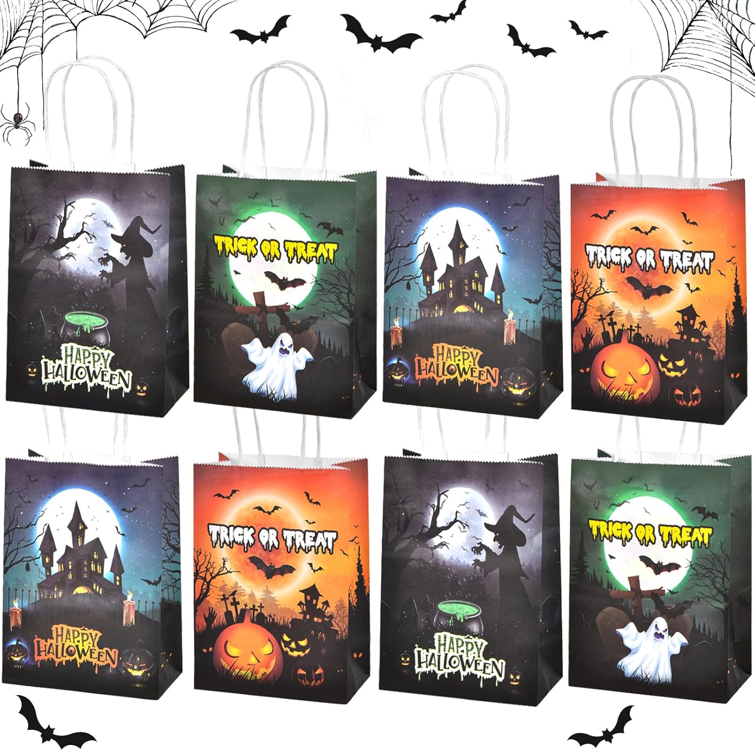 OGLARING – 24 bolsas de papel de regalo de Halloween, pequeñas bolsas de dulces de Halloween con asa, bolsas a granel para dulces o trucos para
