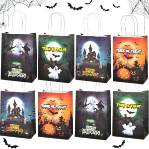 OGLARING – 24 bolsas de papel de regalo de Halloween, pequeñas bolsas de dulces de Halloween con asa, bolsas a granel para dulces o trucos para OGLARING – 24 bolsas de papel de regalo de Halloween, pequeñas bolsas de dulces de Halloween con asa, bolsas a granel para dulces o trucos para