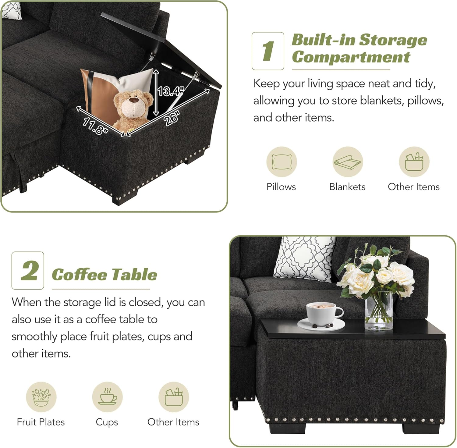 Sofá cama modular reversible de 83.8 pulgadas con diván de almacenamiento, sofá esquinero en forma de L con puertos USB y enchufes de corriente,