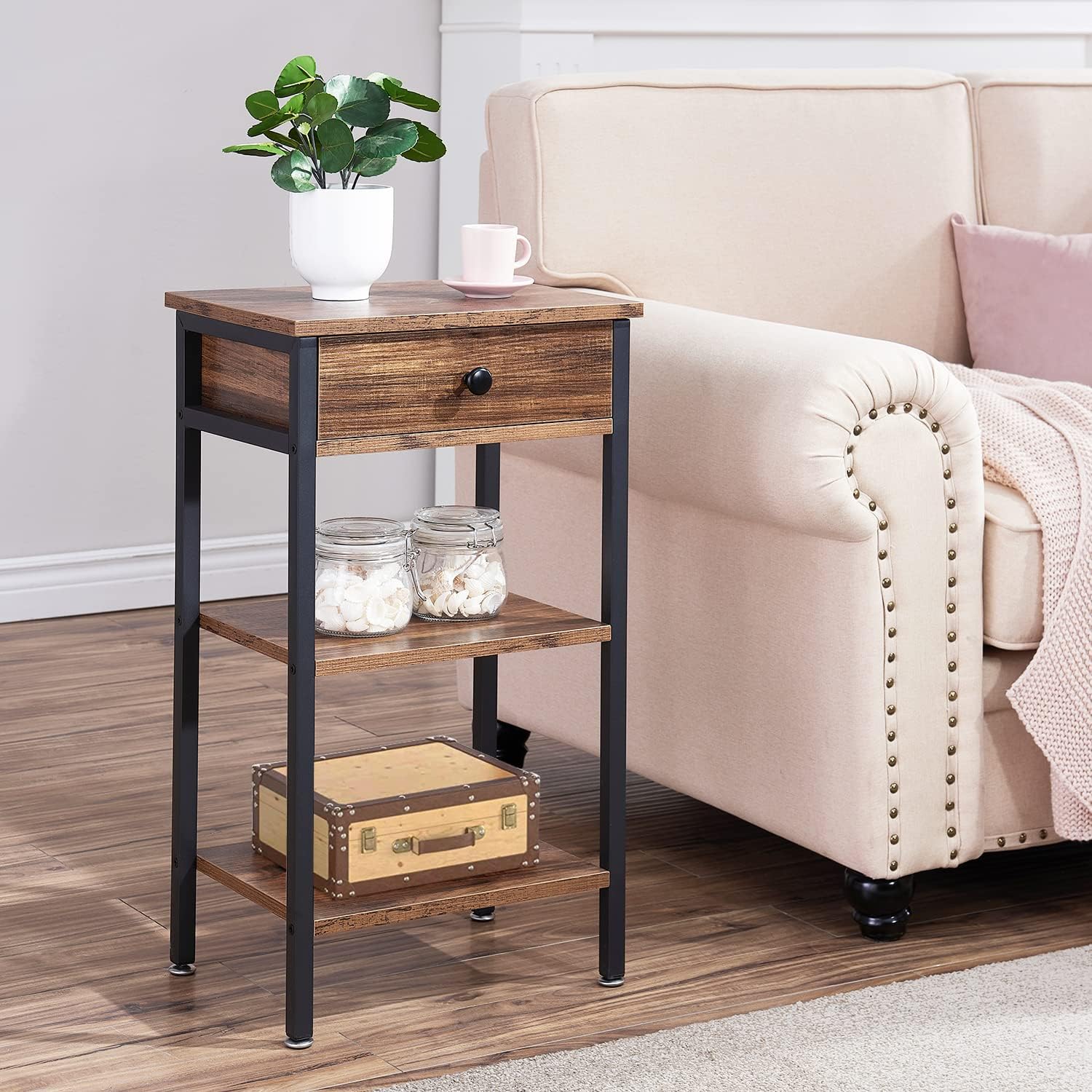 VECELO Mesita de noche, mesa auxiliar moderna con espacio de almacenamiento y cajón, mesitas de noche X-Design para sala de estar, dormitorio,
