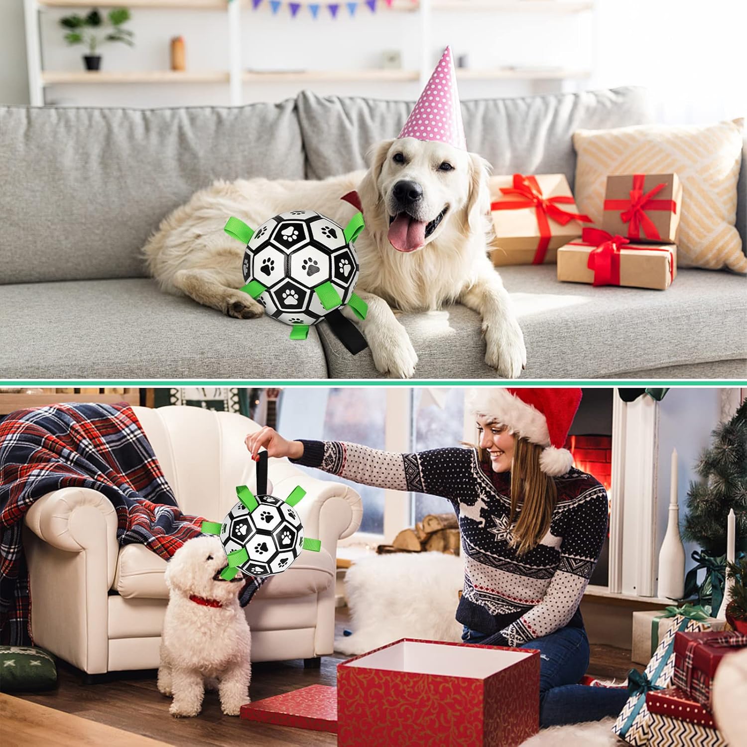 CHUKCHI Pelota de fútbol para perros con correas, juguetes interactivos para perros para tira y afloja, regalos de cumpleaños para cachorros,