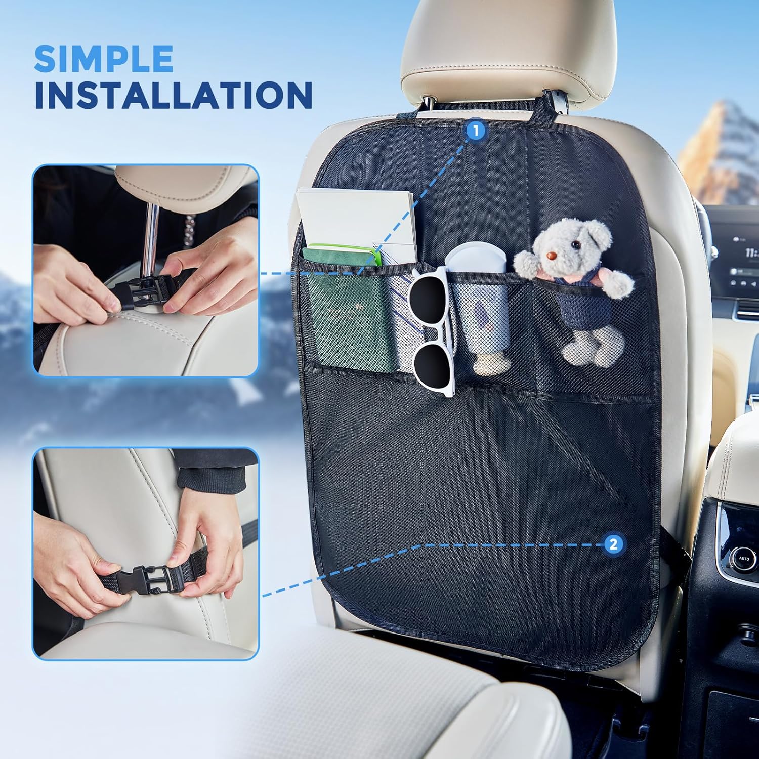 ARANA Paquete de 2 alfombrillas de coche para niños, protector de asiento trasero, impermeable, a prueba de hundimiento, con 3 bolsillos de