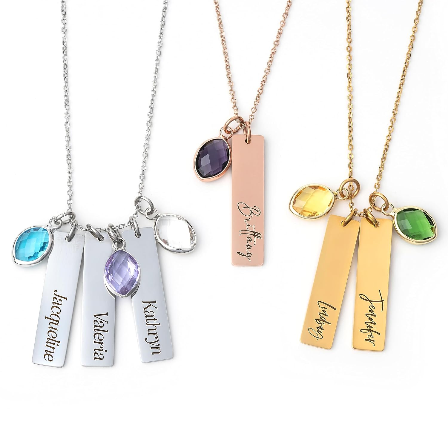 Personalized Name Necklace with Name and Birthstone, Custom Three Rectangular Pendants with Name and Birthstone, Birthday Gifts for Women, Mom,