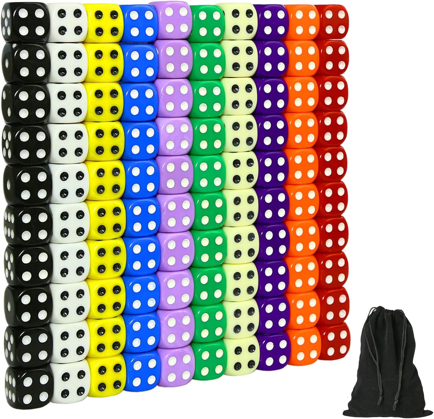 SUNMON Juego de 100 dados multicolores, 0.630 in, 10 colores surtidos con 10 unidades cada uno, dados estándar D6 con bolsa de transporte extra,