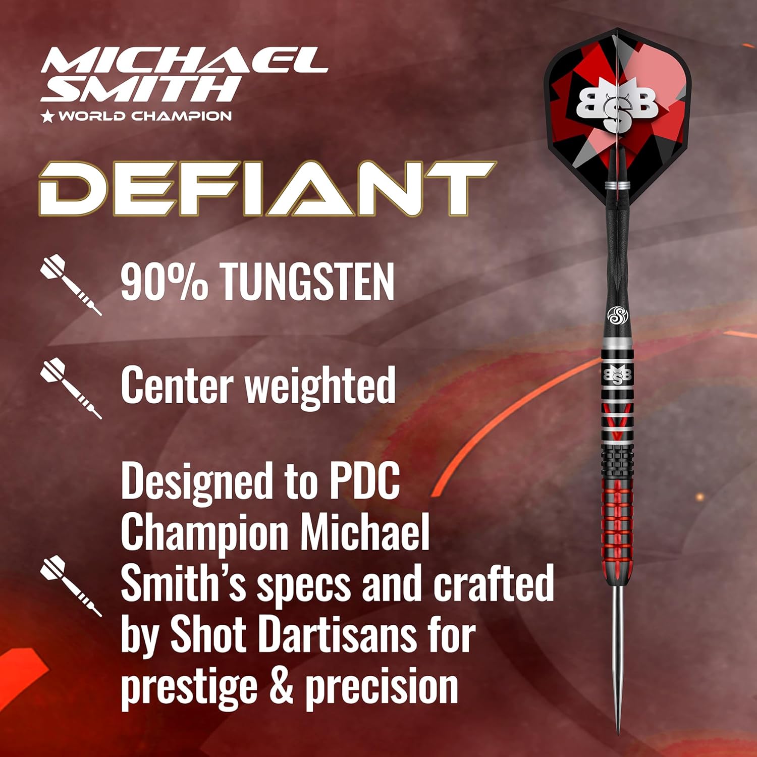 Shot! Punta de acero para dardos, Michael Smith Defiant (0.81 oz0.85 oz0.88 oz0.95 oz), 90% barril de tungsteno, peso central, juego de dardos
