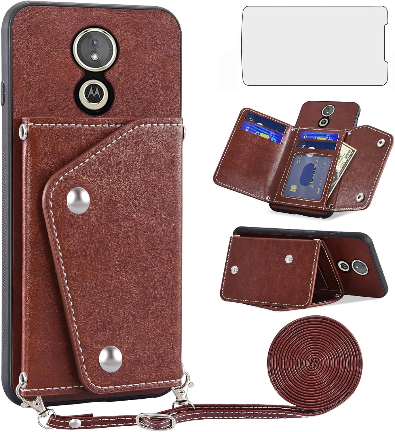Asuwish Funda de teléfono para Moto E5 Plus E 5 Supra Funda tipo cartera con protector de pantalla y tarjetero para tarjeta de crédito con soporte