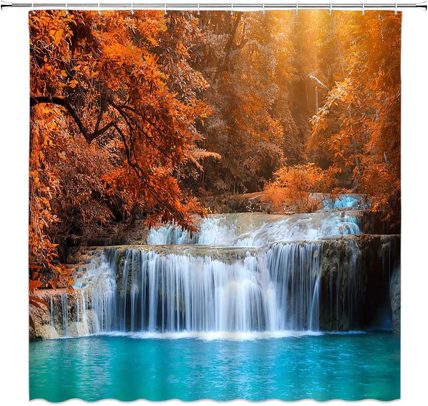 Cortina de ducha de cascada de otoño, bosque, naturaleza, paisaje, río, parque, en la temporada de otoño, corriente en rocas, paisaje, tela, cortina