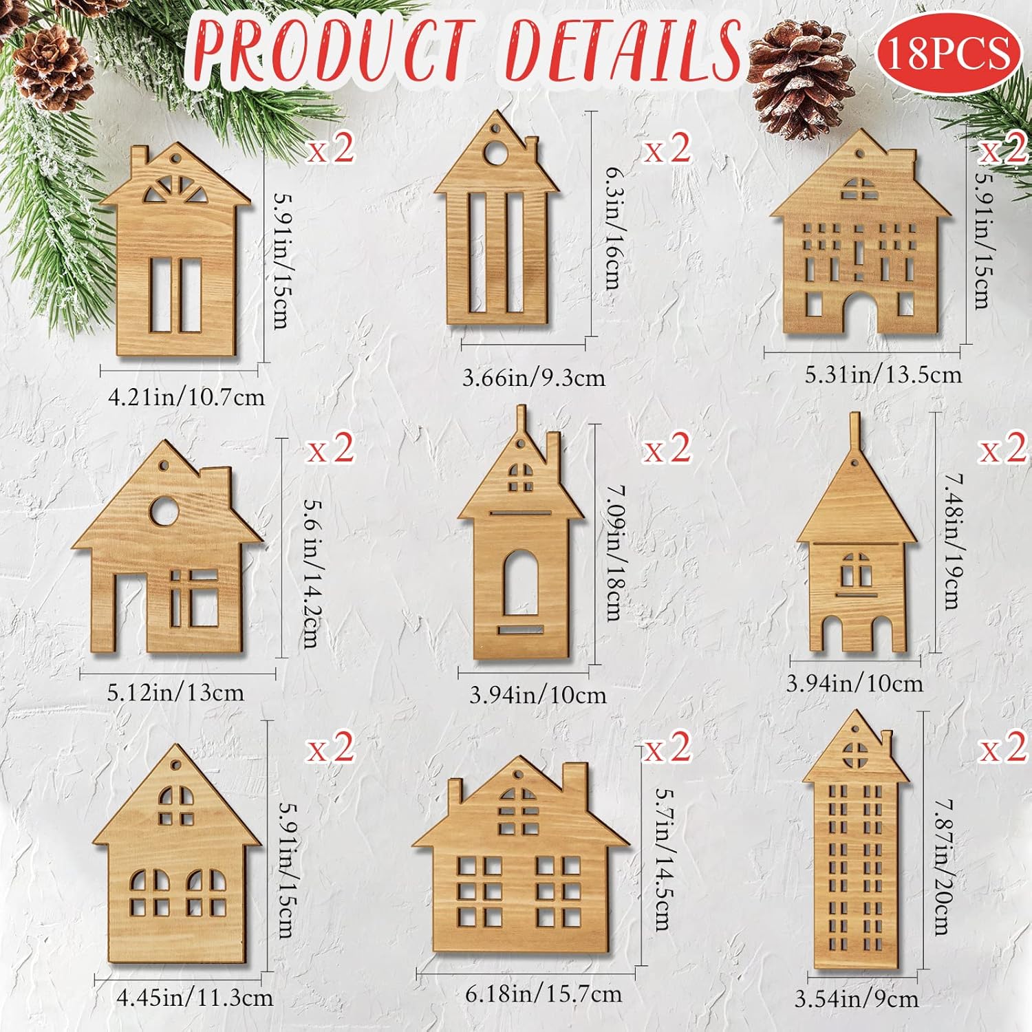 Unittype 18 adornos de madera de Navidad para el árbol de Navidad, adornos de madera en forma de casa, adornos colgantes de madera de doble cara,