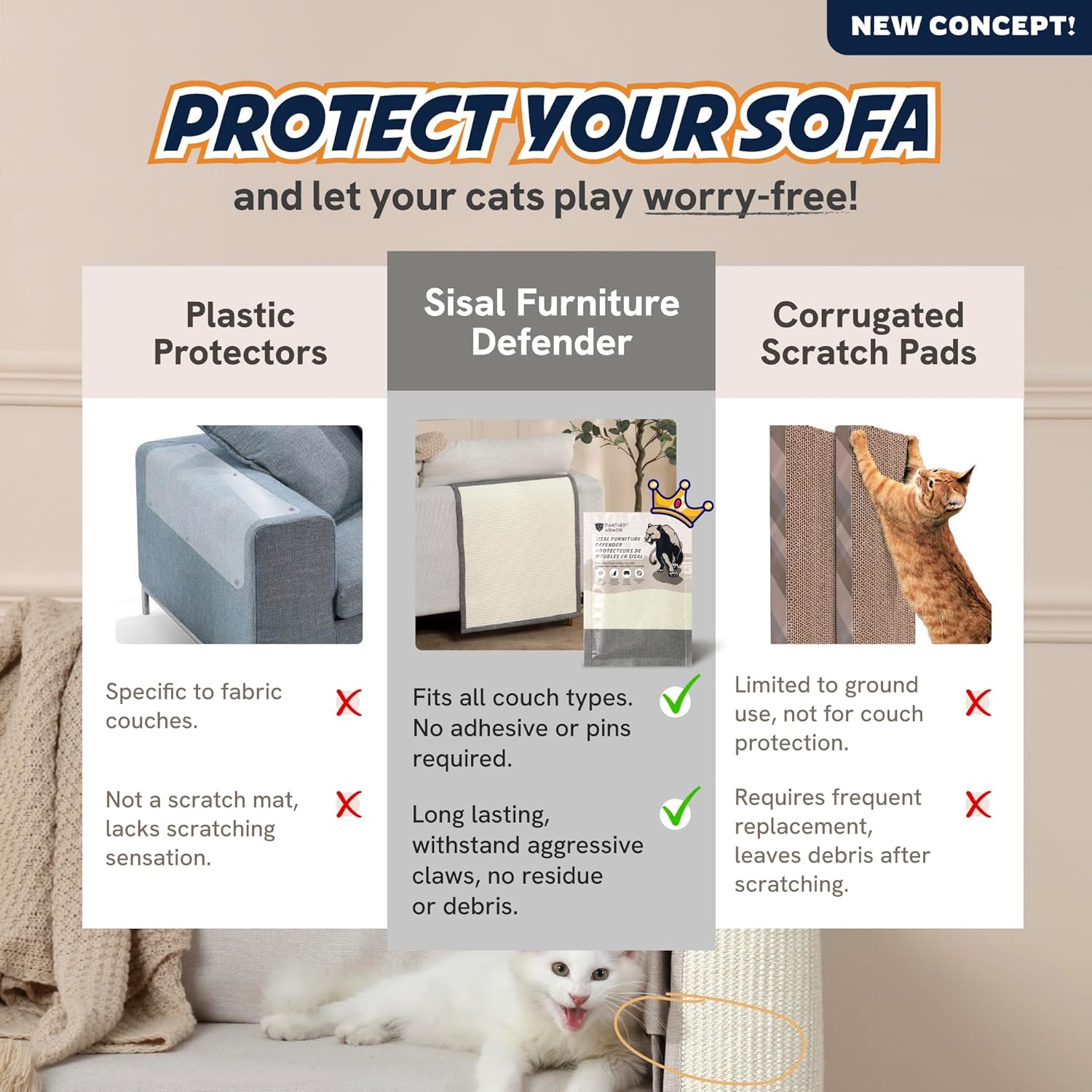 Panther Armor Protector de muebles de sisal, rascador de sisal para gatos respaldo gris Protector de muebles antiarañazos para gatos, almohadillas